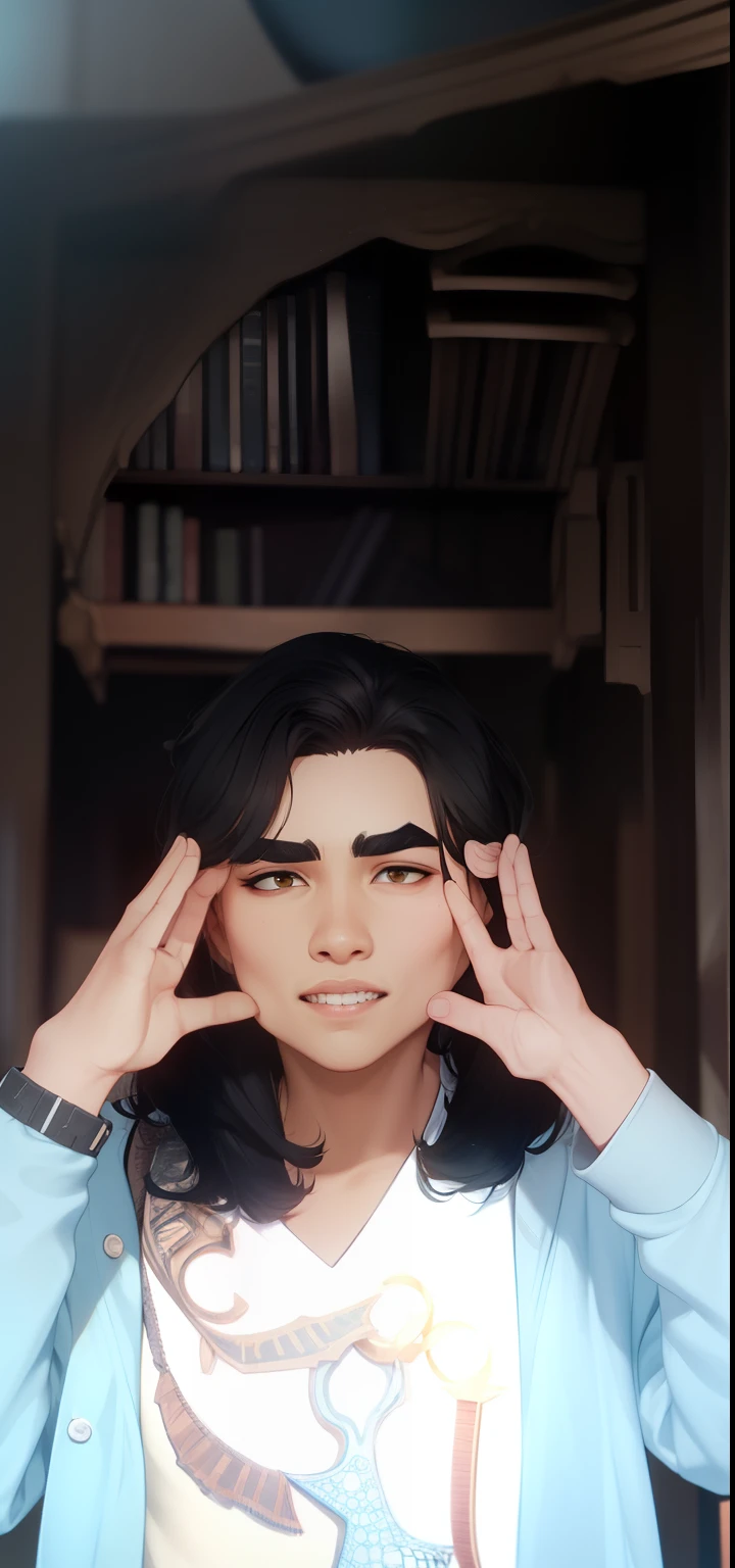 arcane style, 1guy, solo, letterboxed, black hair, brown eyes, blurry background, , thick eyebrows, white teeth, indoors, portrait, ((masterpiece))