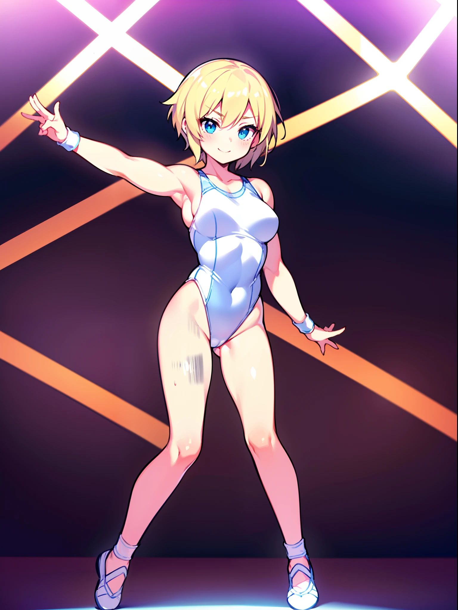 Modest, Shy, Infinitely cute and beautiful, sporty figure, pumped up athletic girl ; Blonde with short hair, with small neat elastic breasts; with protruding muscles; big eyes, long eyelashes, Happy, joyful smile, looking at the camera, Silk white ballet swimsuit, stretching, ballet steps; An alluring hand gesture to the audience, performing on stage, The spotlight is aimed at her (In the circle of light), Focus on that; full body photography, slightly distantly, Anatomical realism, higly detailed, high quality textures