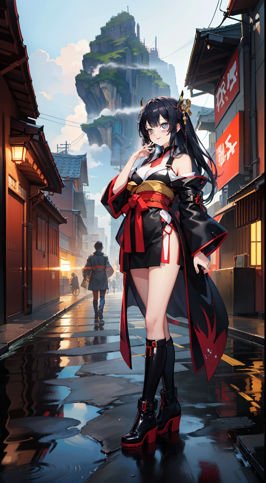 ​masterpiece、８ｋ、超A high resolution、detail portrayal、Smooth depiction、Accurate rendering、Triangular Composition、19-year-old beautiful girl in anime style、Wearing a cyberpunk-style kimono、Metallic boots、psychedelic、Scenery of Edo、A smile、high sky、Into the cloud、Full body depiction、Splash Art Style、collapse、