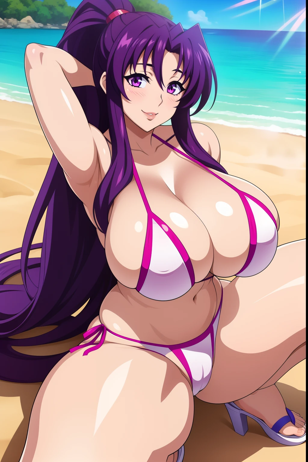 Highschool dxd, Akeno Himejima, 1girl, ((bimbo))), long purple hair, puffy lips, painted lips, thick lips, thick, wide hips, thick thighs, , huge ass, bubble butt, erotic smile face, shiny skin, white bikini, hot spring, enormous fake Amy Anderssen breasts, white panties, white bra, on the beach, spreading legs,