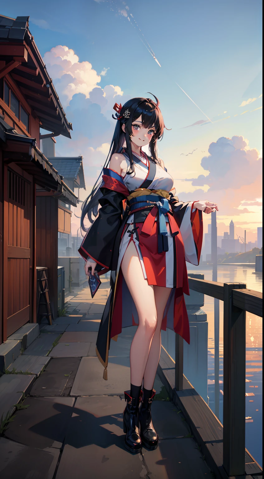 masterpiece、8k、超A high resolution、detail portrayal、Smooth depiction、Accurate rendering、Triangular Composition、19-year-old beautiful girl in anime style、Wearing a cyberpunk-style kimono、Metallic boots、psychedelic、Scenery of Edo、A smile、high sky、Into the cloud、Full body depiction、Splash Art Style、collapse、