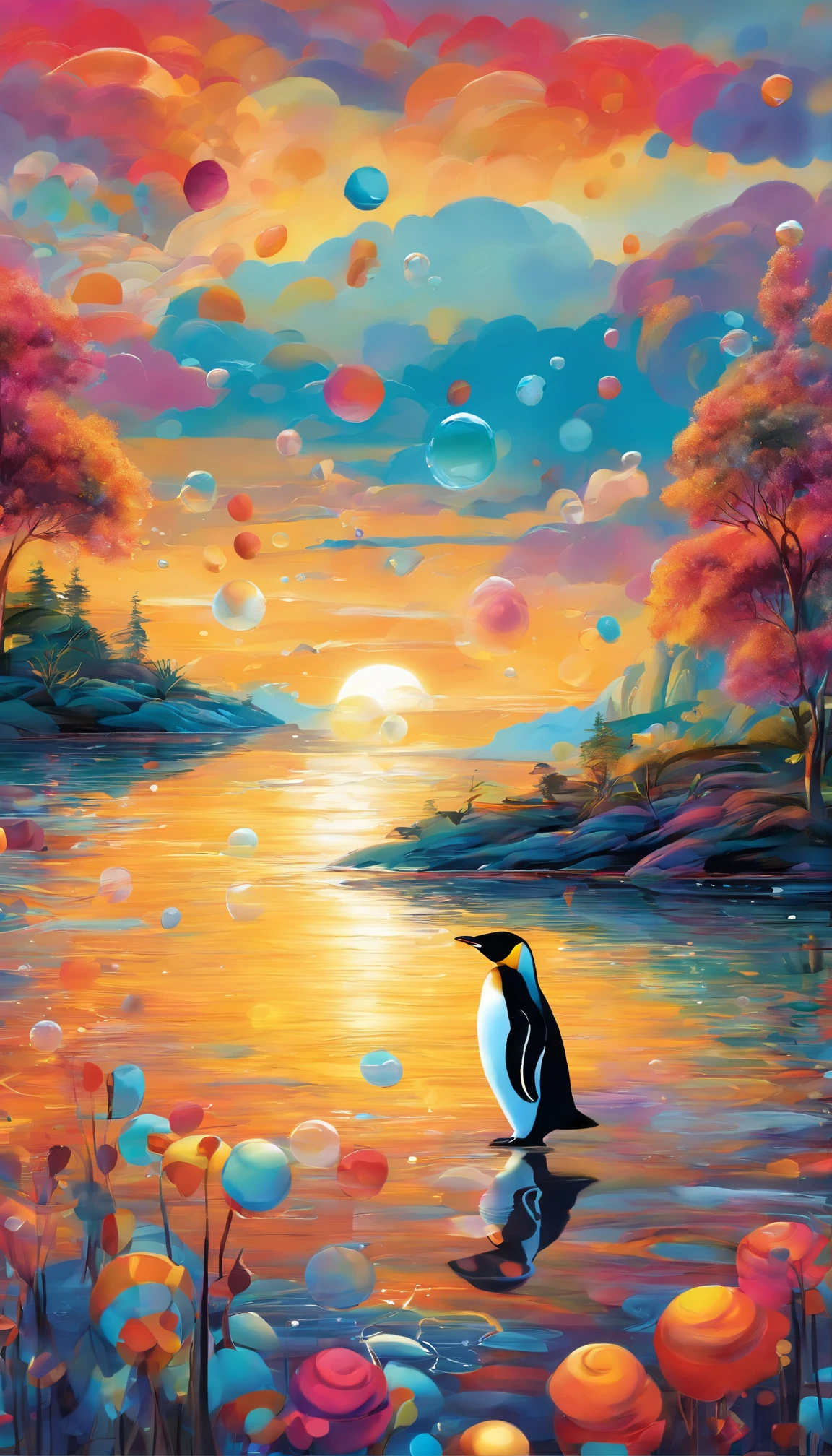 An inspiring scene in ultra-high definition 3D showcasing penguins making wishes on the shores of a tranquil lake. penguin, Beautifully rendered down to the smallest detail, Bubbles are seen gently blown into the air, Each has a wish of hope. Bubbles capturing the reflection of the setting sun, Dreamy creation, magical effect. The overall atmosphere is soft, Full of hope and tranquility