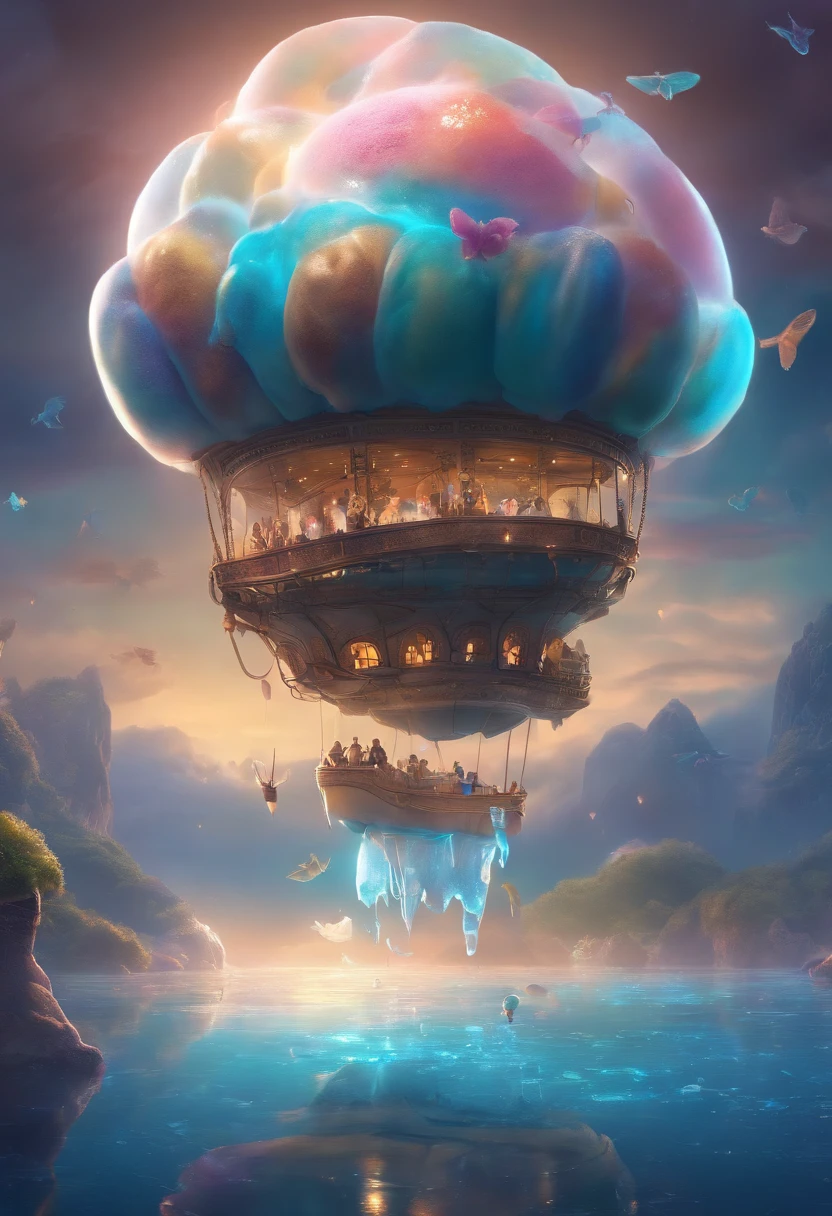 small, fantasy, Wonderful Bioluminescence [ creature : airship : 0.4], vivid colors, Shih Chieh Huang, (ice cream world:1.5)