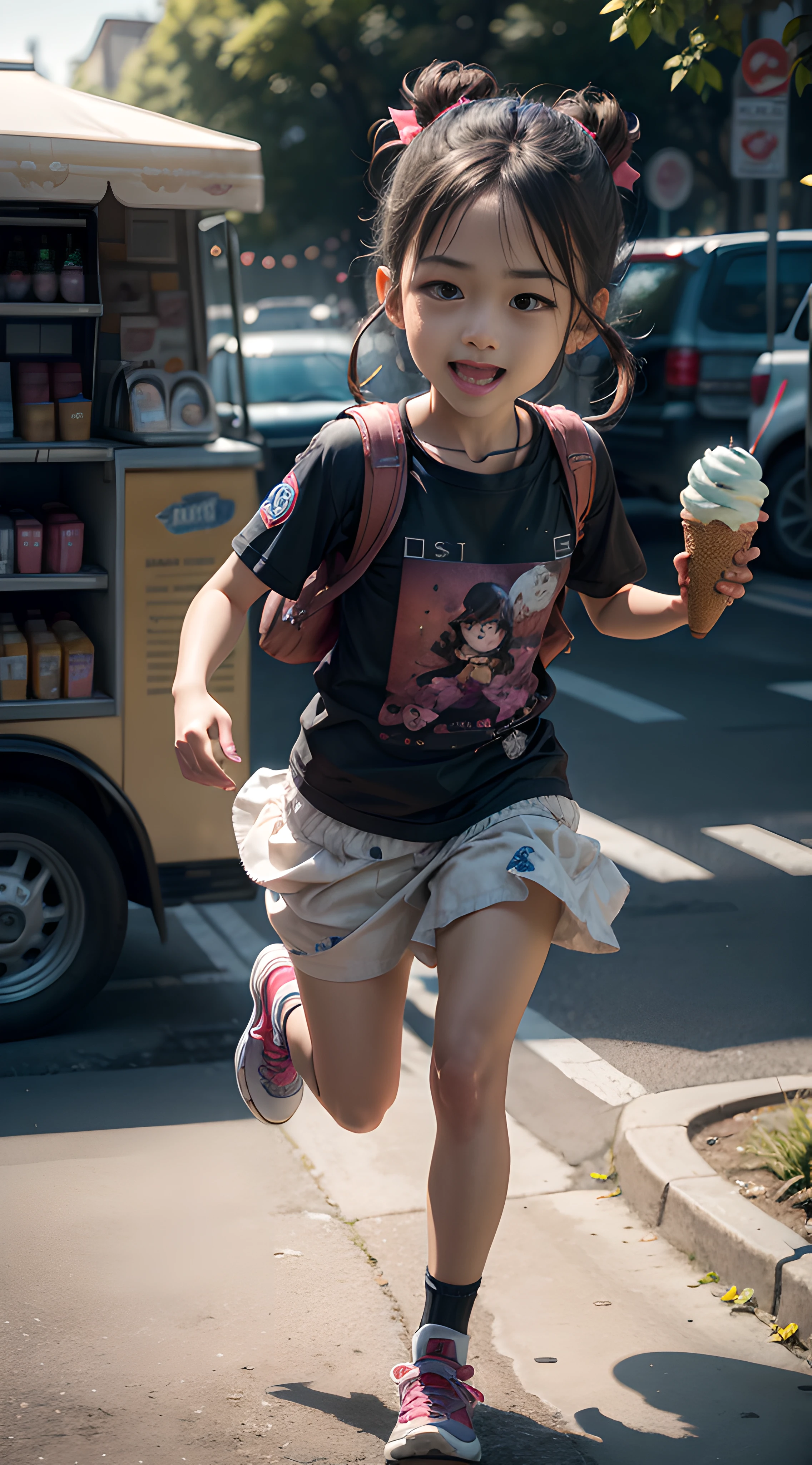 8k masterpice, best quality:1.2, Create an image of a  running with joy toward a charming ice cream van in a picturesque park. Emphasize her wide-eyed excitement, the vibrant ice cream van, and the irresistible ice cream treats on display. Capture the pure delight and magic of this fleeting childhood moment, quixel megascan, ray tracing, sub-surface scattering, 3d work, cg9 studio,