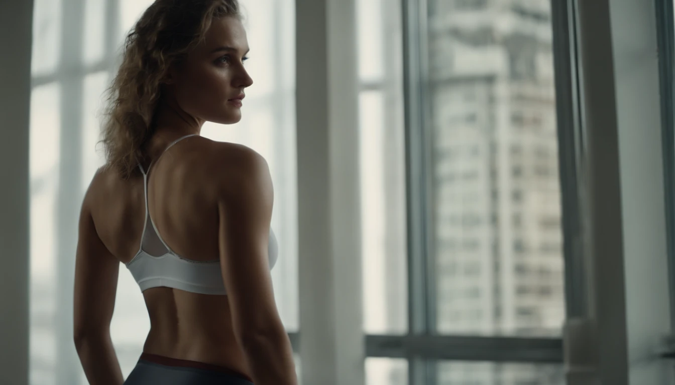 4k highly detailed realistic ((full body including legs)) photo of beautiful 18 year old Anglo-Saxon sweaty girl with ((sharp jawline)) and perky tits, in wet clothes standing by the bedroom window in a tall building with white walls in a wet sports bra with a deep neckline