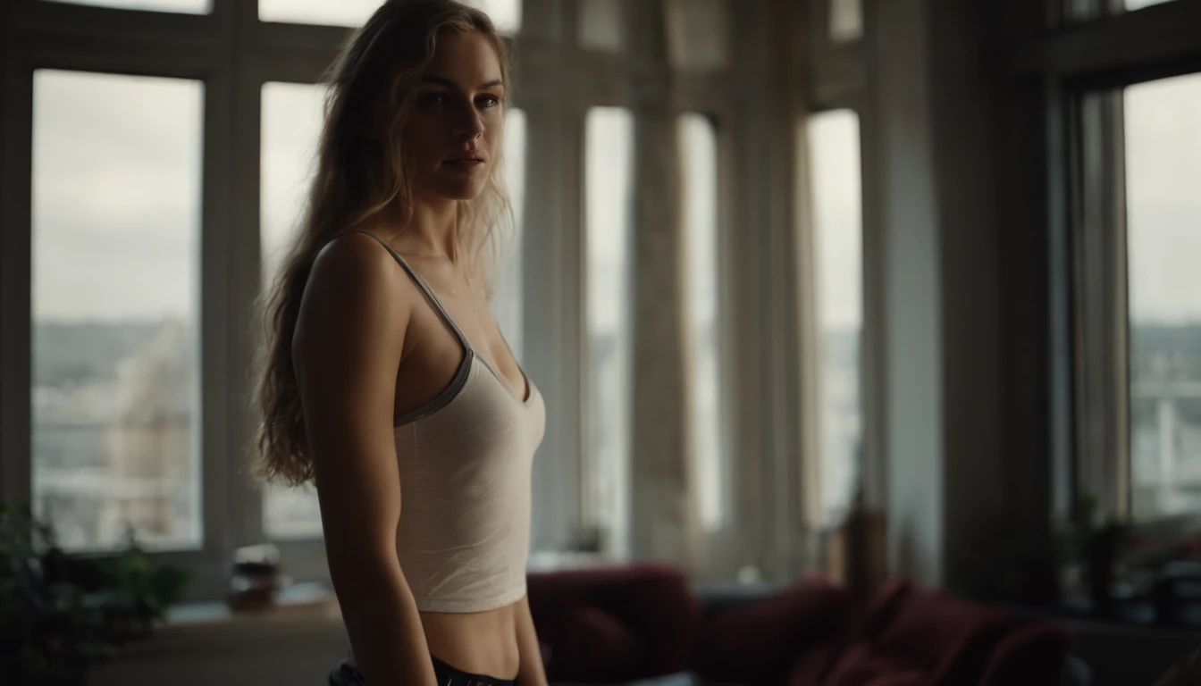 4k highly detailed realistic ((full body including legs)) photo of beautiful 18 year old Anglo-Saxon sweaty girl with ((sharp jawline)) and perky tits, in wet clothes standing by the bedroom window in a tall building with white walls in a wet sports bra with a deep neckline