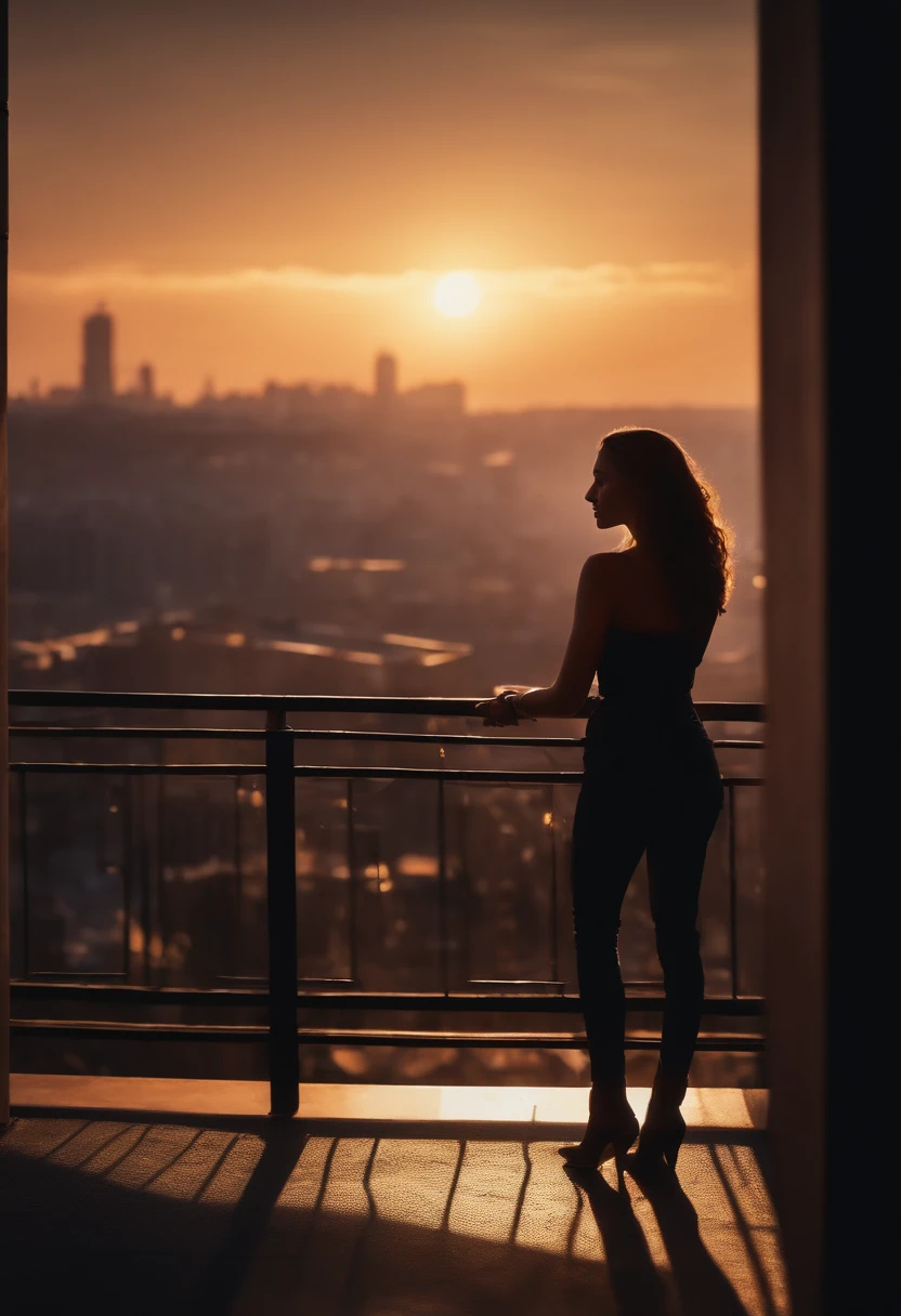 (girl,backlit silhouette),balcony,city view in the distance,illustration,ultra-detailed,highres,vivid colors,mysterious lighting