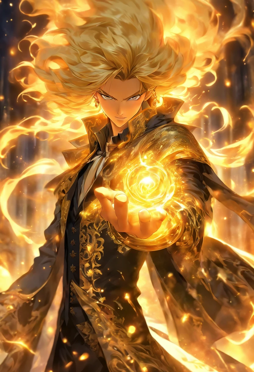 highly detailed handsome mage with long flowing golden blonde hair in richly dressed black rococo suit casting a spell