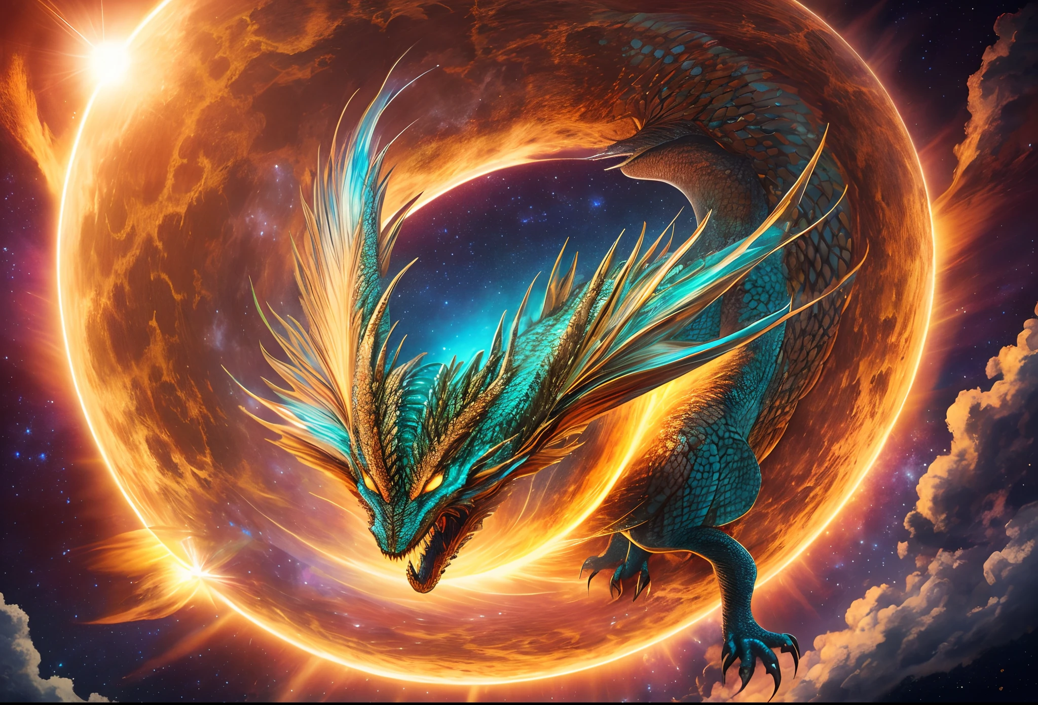 Imagine a breathtaking scene of an alien dragon emerging from the sun, its scales glistening with otherworldly radiance as it soars through the cosmic abyss. Create an 8K hyperrealistic masterpiece that captures the awe-inspiring moment when this celestial creature breaches the solar surface, casting a mesmerizing light upon the vast expanse of space. Use your creative prowess to depict this extraterrestrial marvel in a way that leaves viewers in sheer wonder and amazement. Don't forget to incorporate intricate details and vibrant colors to bring this stunning vision to life. --auto --s2