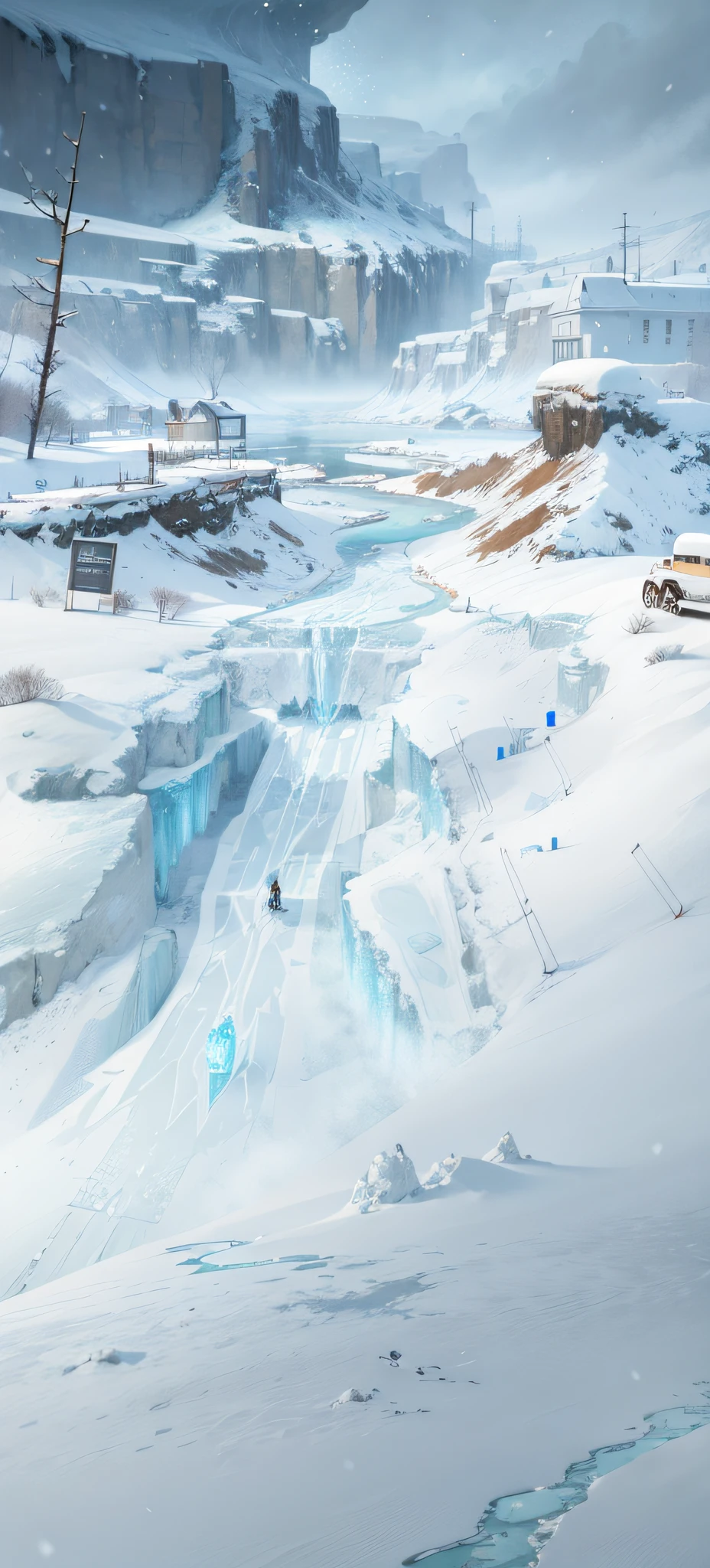 snowy landscape，Frozen lake and a couple of cars, icey tundra background, Arte conceitual de inverno, snow wasteland, Snowy. By Makoto Shinkai, ❄️ Corrupt concept art, ice city in 2 0 8 0, concept art highly detailed, concept art artwork masterpiece, stunning concept art, concept art stunning atmosphere, concept-art