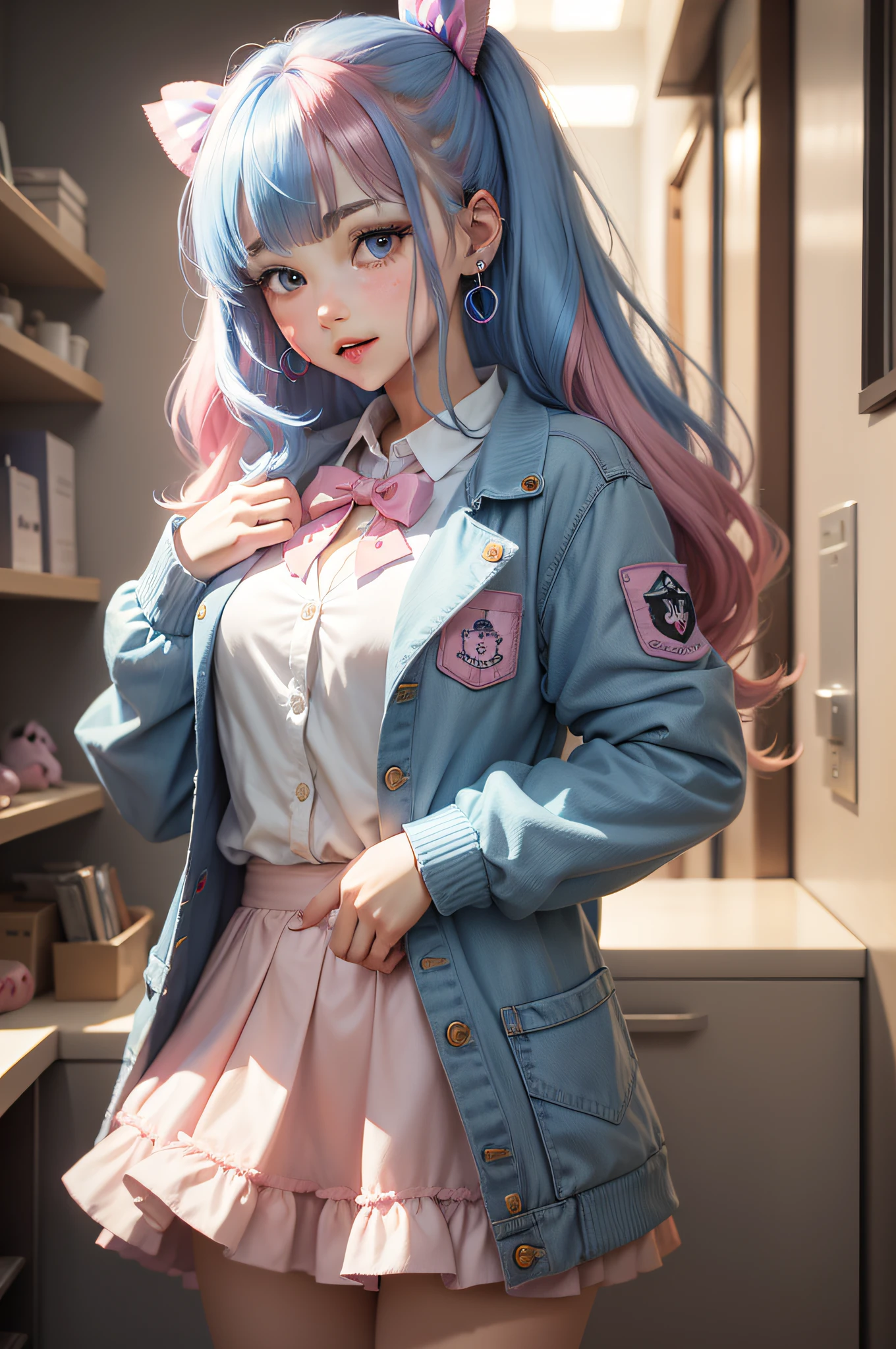 1girl, blue eyes, two side up, bow, solo, smile, heart, hair ornament, long hair, blush, multicolored hair, shirt, pink hair, skirt, looking at viewer, long sleeves, open mouth, stuffed toy, jacket, hair bow, stuffed animal, pastel colors, white shirt, bangs, sleeves past wrists, blue bow, blue hair, hairclip, :3, open clothes, open jacket, teddy bear, jewelry, blue jacket, earrings, blonde hair, :d