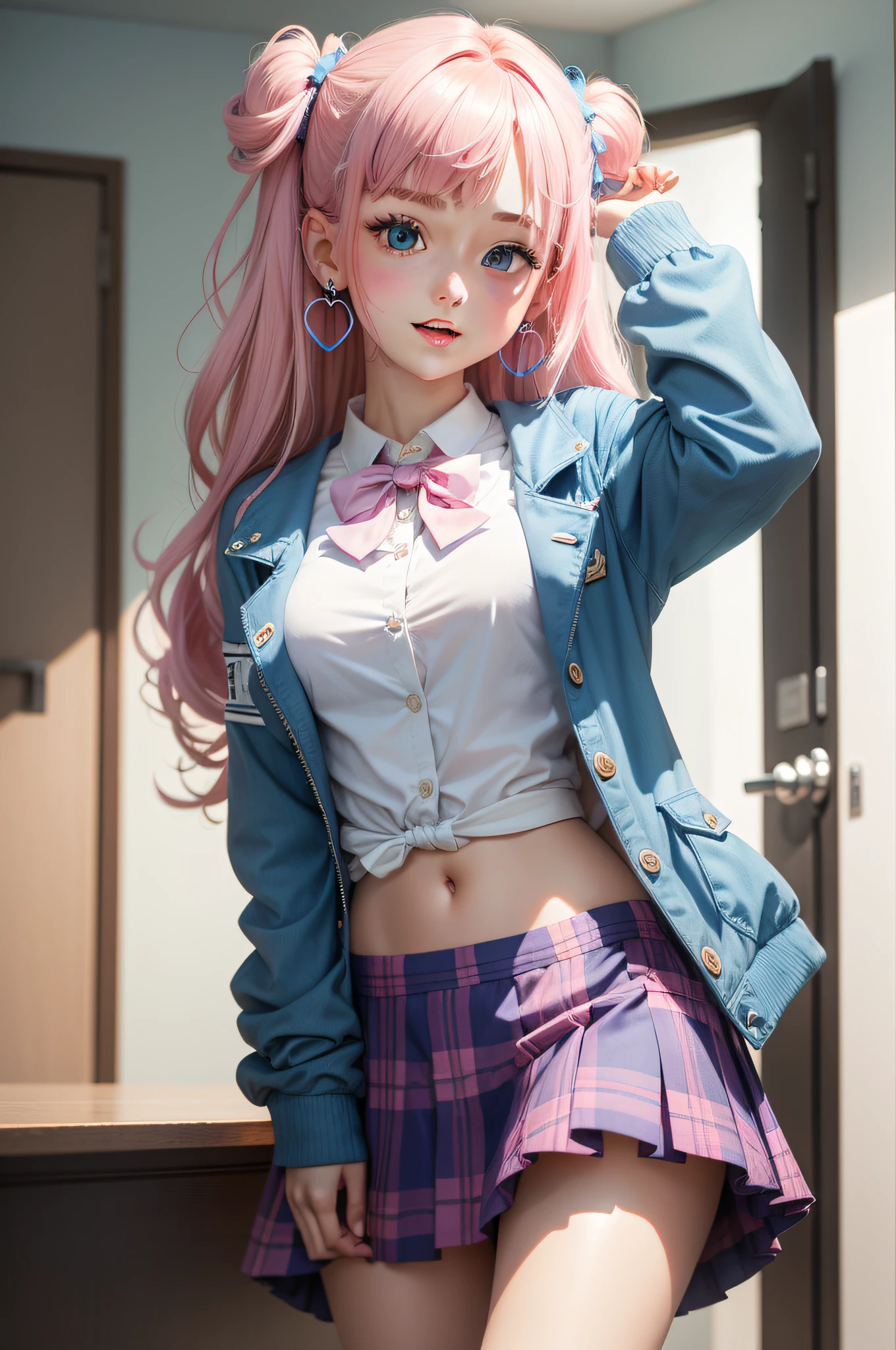 1girl, blue eyes, two side up, bow, solo, smile, heart, hair ornament, long hair, blush, multicolored hair, shirt, pink hair, skirt, looking at viewer, long sleeves, open mouth, stuffed toy, jacket, hair bow, stuffed animal, pastel colors, white shirt, bangs, sleeves past wrists, blue bow, blue hair, hairclip, :3, open clothes, open jacket, teddy bear, jewelry, blue jacket, earrings, blonde hair, :d
