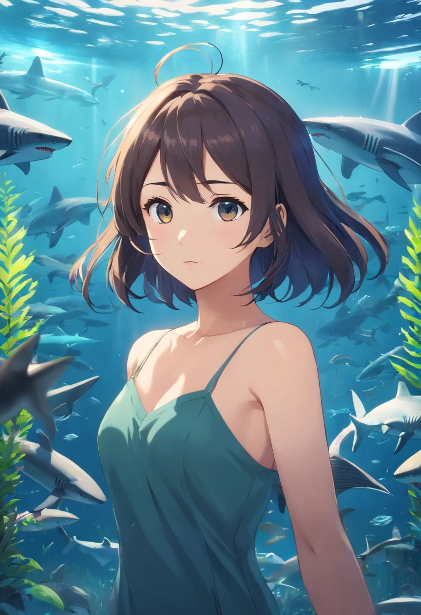 tmasterpiece，HighestQuali，cinematic Film still from，hd anime，8k，solo，(The upper part of the body:1.2)，1 woman，Bigchest，Wear an off-the-shoulder dress，Clear and fine face，Clear and fine hair，Clear and fine eyes，In the aquarium，(The black water is covered with sharks and octopuses:1.0)，(Bleak:1.2)，depth of fields