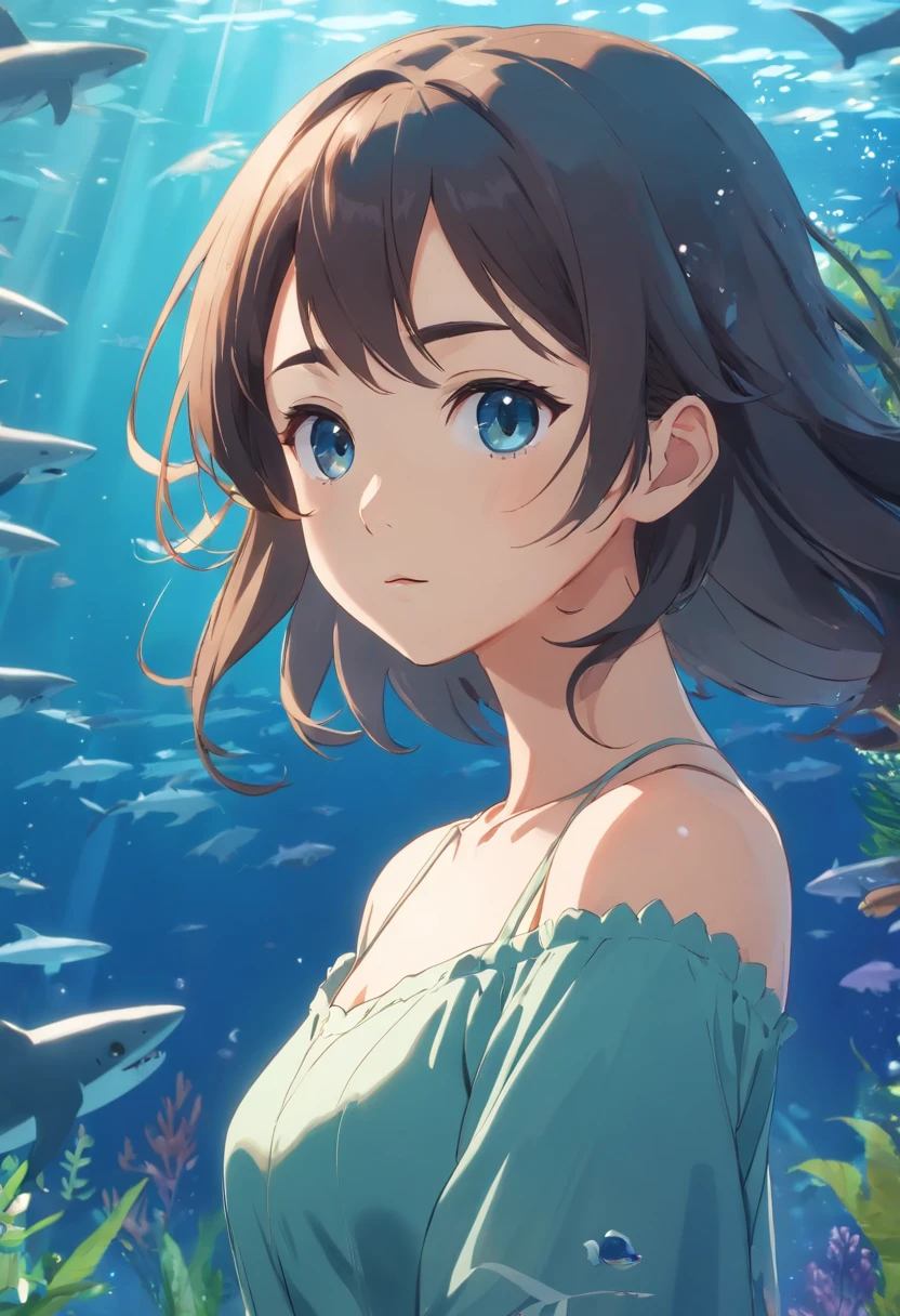 tmasterpiece,HighestQuali,cinematic Film still from,hd anime,8k,solo,(The upper part of the body:1.2),1 woman,Bigchest,Wear an off-the-shoulder dress,Clear and fine face,Clear and fine hair,Clear and fine eyes,In the aquarium,(The black water is covered with sharks and octopuses:1.0),(Bleak:1.2),depth of fields