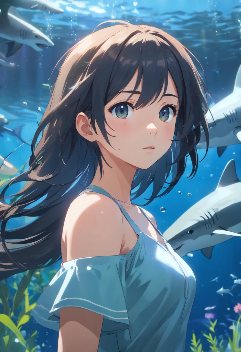 tmasterpiece,HighestQuali,cinematic Film still from,hd anime,8k,solo,(The upper part of the body:1.2),1 woman,Bigchest,Wear an off-the-shoulder dress,Clear and fine face,Clear and fine hair,Clear and fine eyes,In the aquarium,(The black water is covered with sharks and octopuses:1.0),(Bleak:1.2),depth of fields