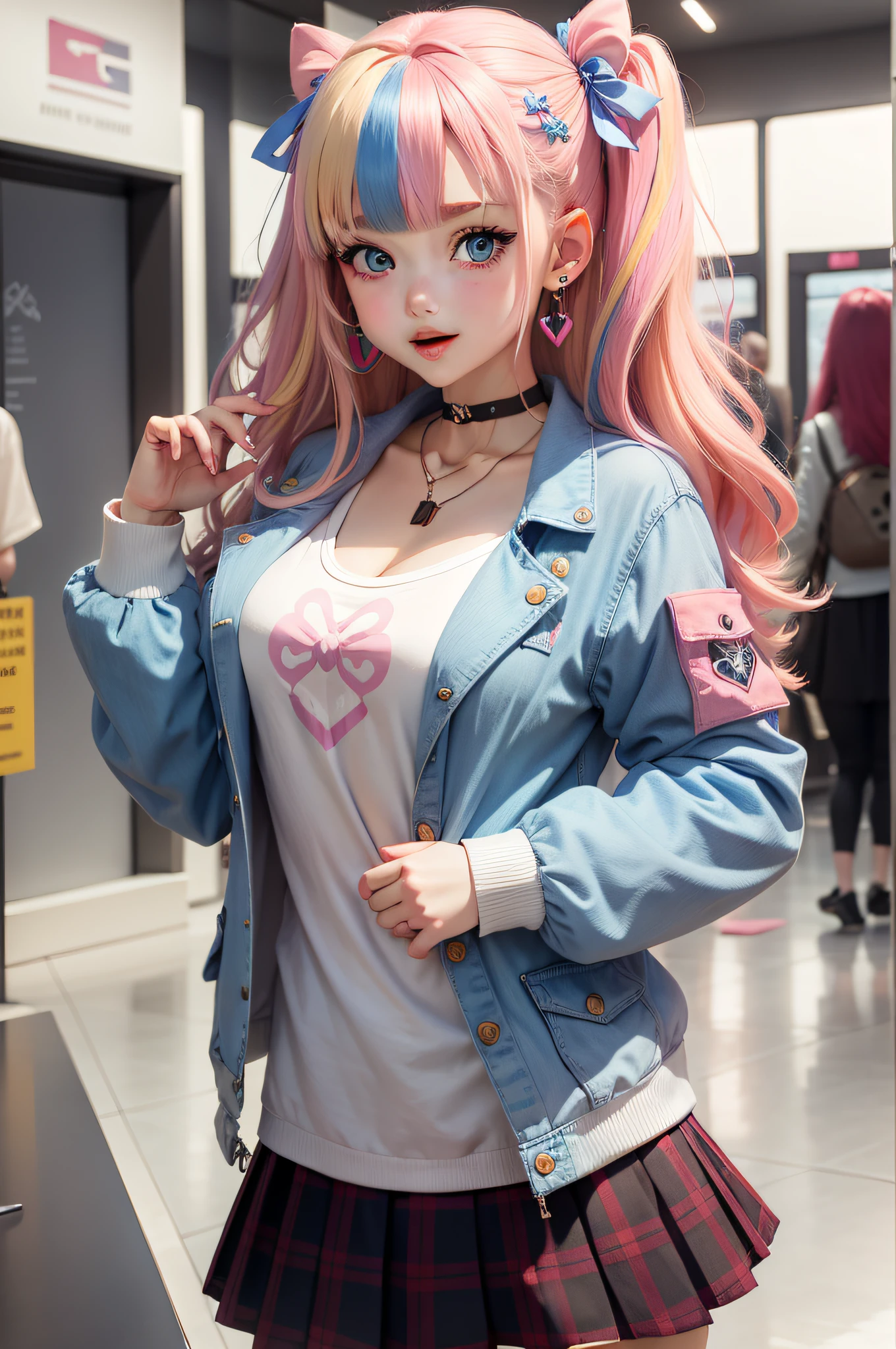 1girl, blue eyes, two side up, bow, solo, smile, heart, hair ornament, long hair, blush, multicolored hair, shirt, pink hair, skirt, looking at viewer, long sleeves, open mouth, stuffed toy, jacket, hair bow, stuffed animal, pastel colors, white shirt, bangs, sleeves past wrists, blue bow, blue hair, hairclip, :3, open clothes, open jacket, teddy bear, jewelry, blue jacket, earrings, blonde hair, :d