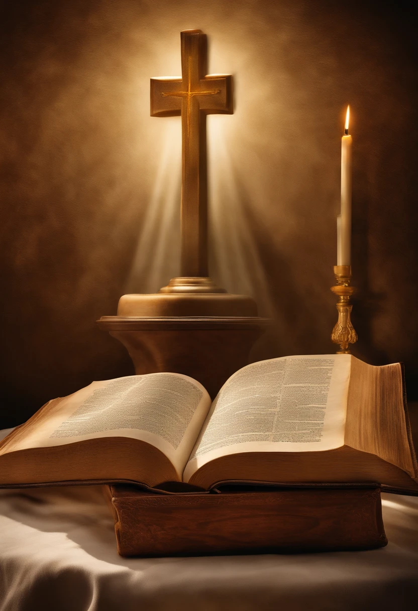 "Por favor, create a high-definition image of the Holy Bible that captures the reverence and spiritual significance of this holy book. The image should convey the historical and religious importance of the Bible, apresentando-a de forma digna e respeitosa. Use soft lighting to highlight cover and page details, enfatizando sua textura e envelhecimento, if applicable. Position the Bible in a setting that evokes a sacred environment, como uma prateleira de madeira em uma biblioteca antiga ou um altar iluminado. As cores devem ser sutis e a tipografia, se presente, deve ser elegante e discreta. The image should inspire a sense of reverence and spiritual connection to the words and teachings contained in the Holy Bible."