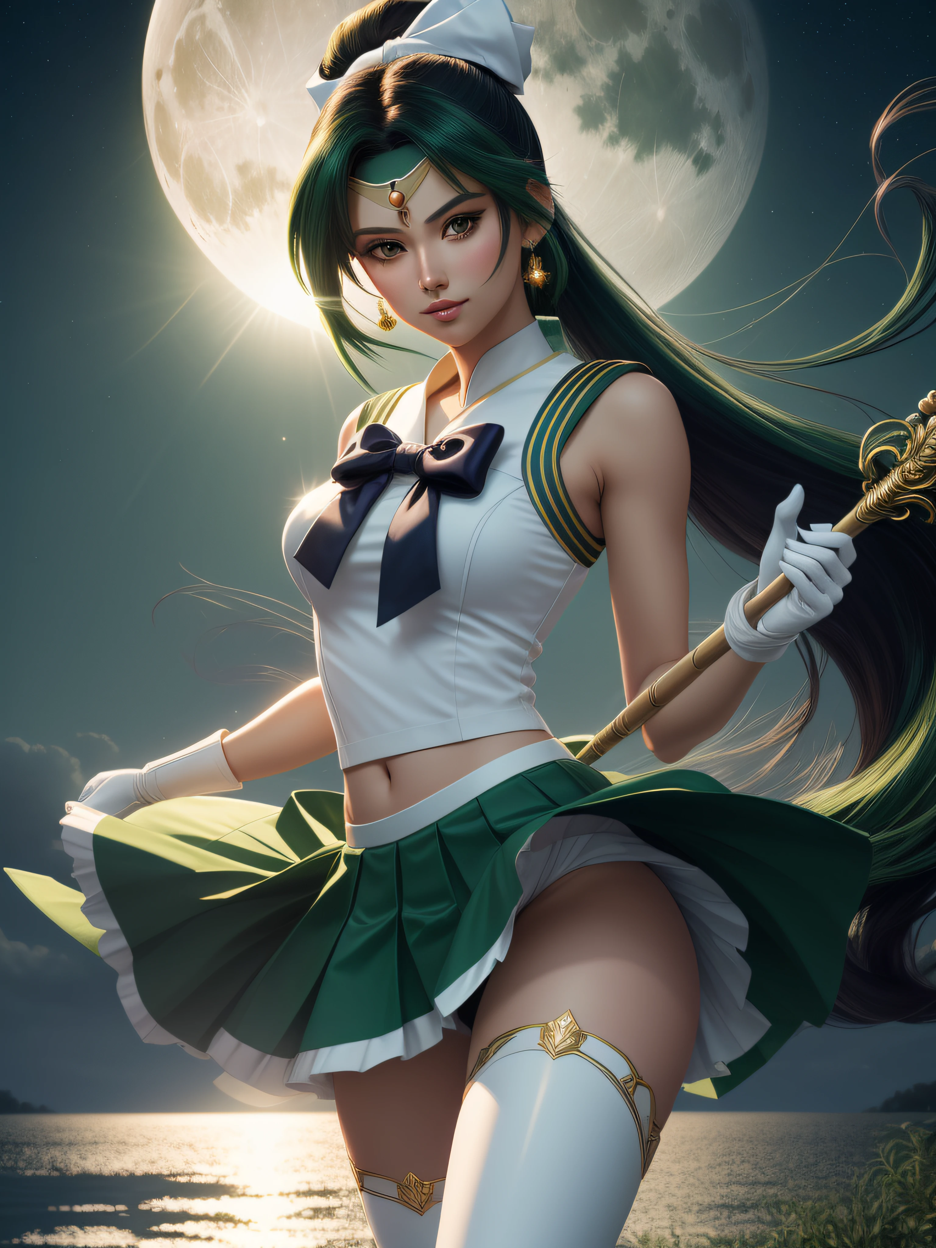 Arti modern anime. angled view, face closeup action portrait beautiful "Sailor Pluto" from Sailor Moon, long green ponytail hair flowing in the wind, leaning forward, (slim body body:1.5), highly ornamented and detailed ((dark green skirt)), (white top) (white gloves) (red chest bow), angle, "green knee high heel boots", depth of field blur effect, night, photorealistic. cinematic lighting, highly detailed. best quality, 4k, Better hand, perfect anatomy, coy cute flirty focused expression, reflection, flat chested, highly ornamented clothing, heroic fight battle pose, large full moon in the background, holding a (long staff rod heart shape), enchanting garden in the background, 6K,HDR,highres,depth field,(film grain:1.1),boken,golden hour,(lens flare),vignette,rainbowing,(color grading:1.5)