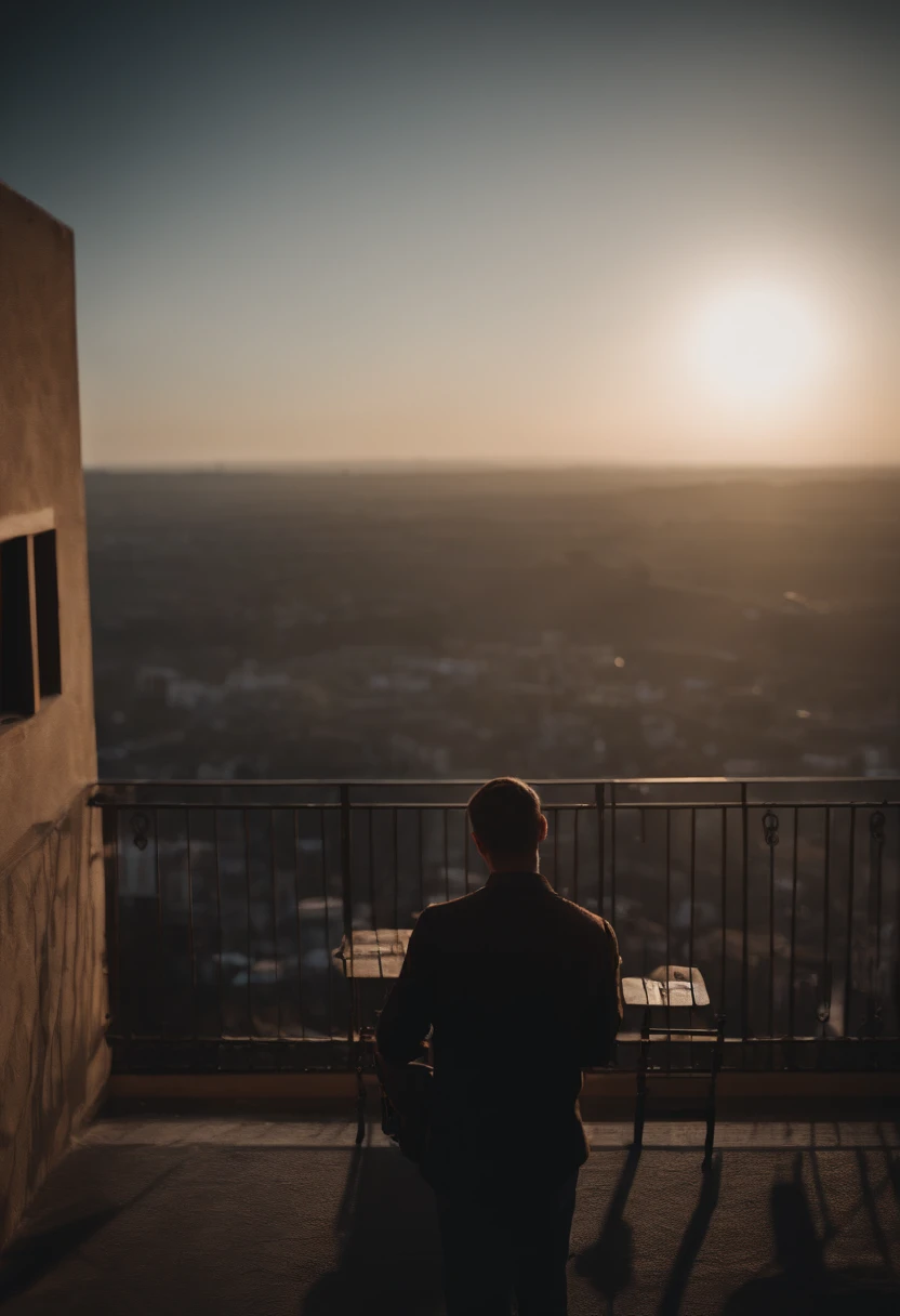 a person,War balcony,Back Shadow,Distant cities