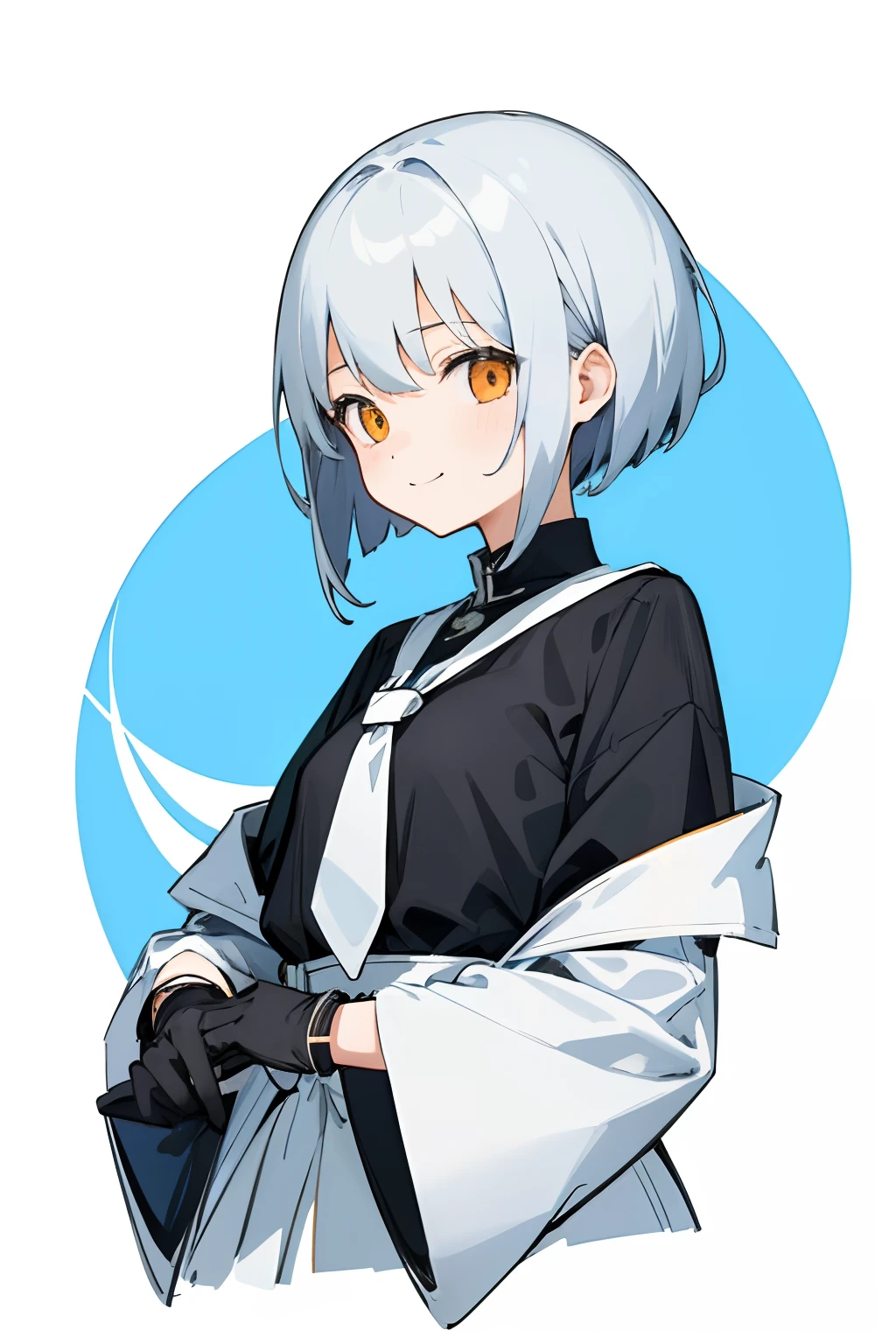 (Top quality illustrations:1.2)、(Cool Girl:1.0)、(1人、独奏:1.0)、(short silver hair:1.0)、(Black shirt:1.0)、(The upper part of the body:1.0)、(ultra-detailliert) 、hight resolution、4K:1.0)、length hair、A slight smil、looks to the side、Stranger、looking at the viewers、tying hair、Orange Eyes、White West West、Black Gloves、A slight smil