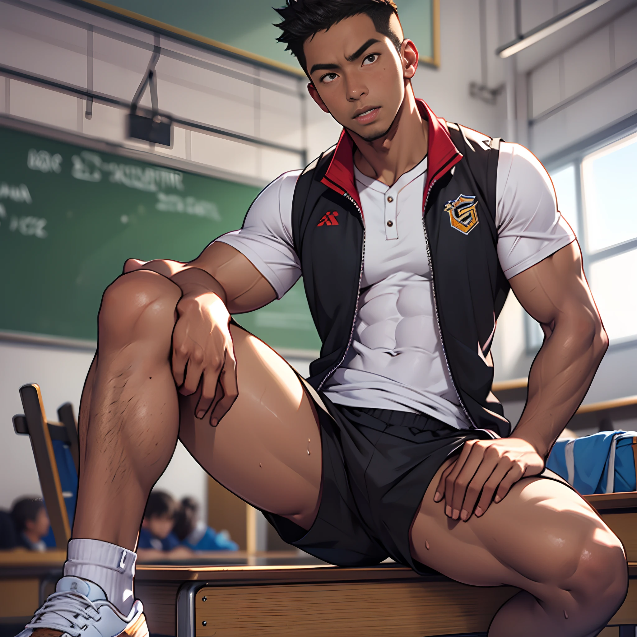 Sports student, basketball suit, vest, a youth, Asian, high school student, classroom, brown skin, serious expression, hot air, shut up, holding basketball, abs, full body, single, barefoot, smelly feet, athlete's foot, black socks, sit, take off pants, muscular