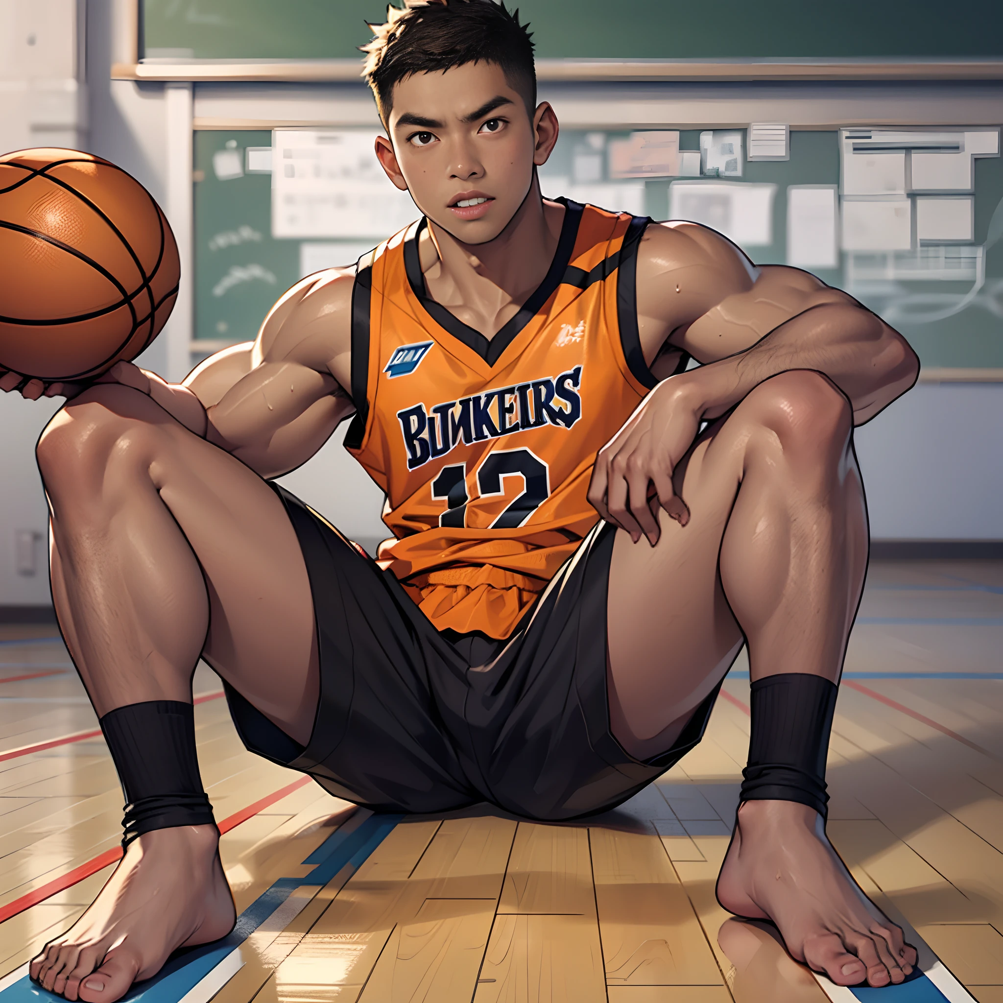 Sports student, basketball suit, vest, a youth, Asian, high school student, classroom, brown skin, serious expression, hot air, shut up, holding basketball, abs, full body, single, barefoot, smelly feet, athlete's foot, black socks, sit, take off pants, muscular