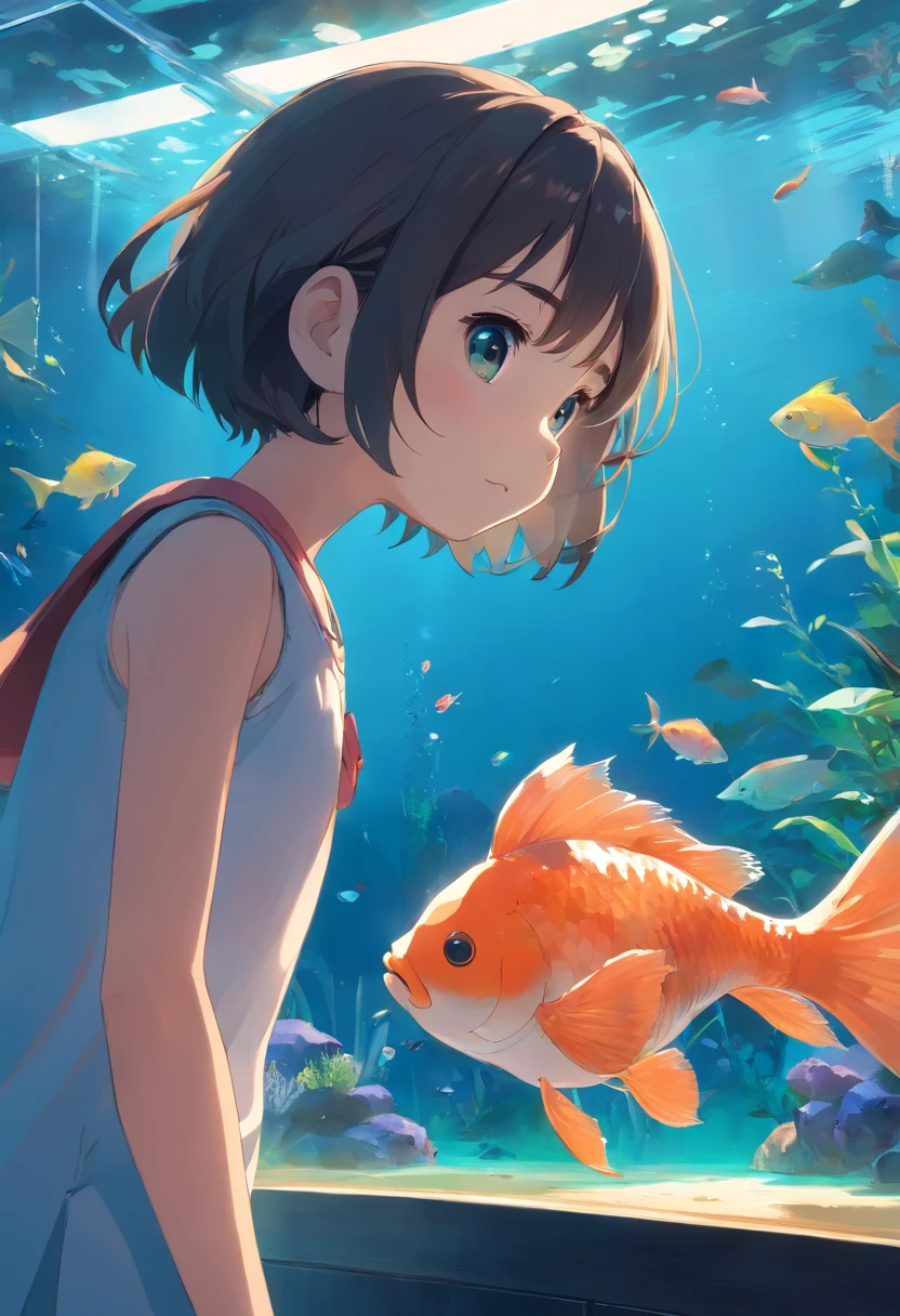 A  girl looking at the fish in the aquarium，In the distance is the aquarium's tank，Photograph the littles face from the perspective of the aquarium