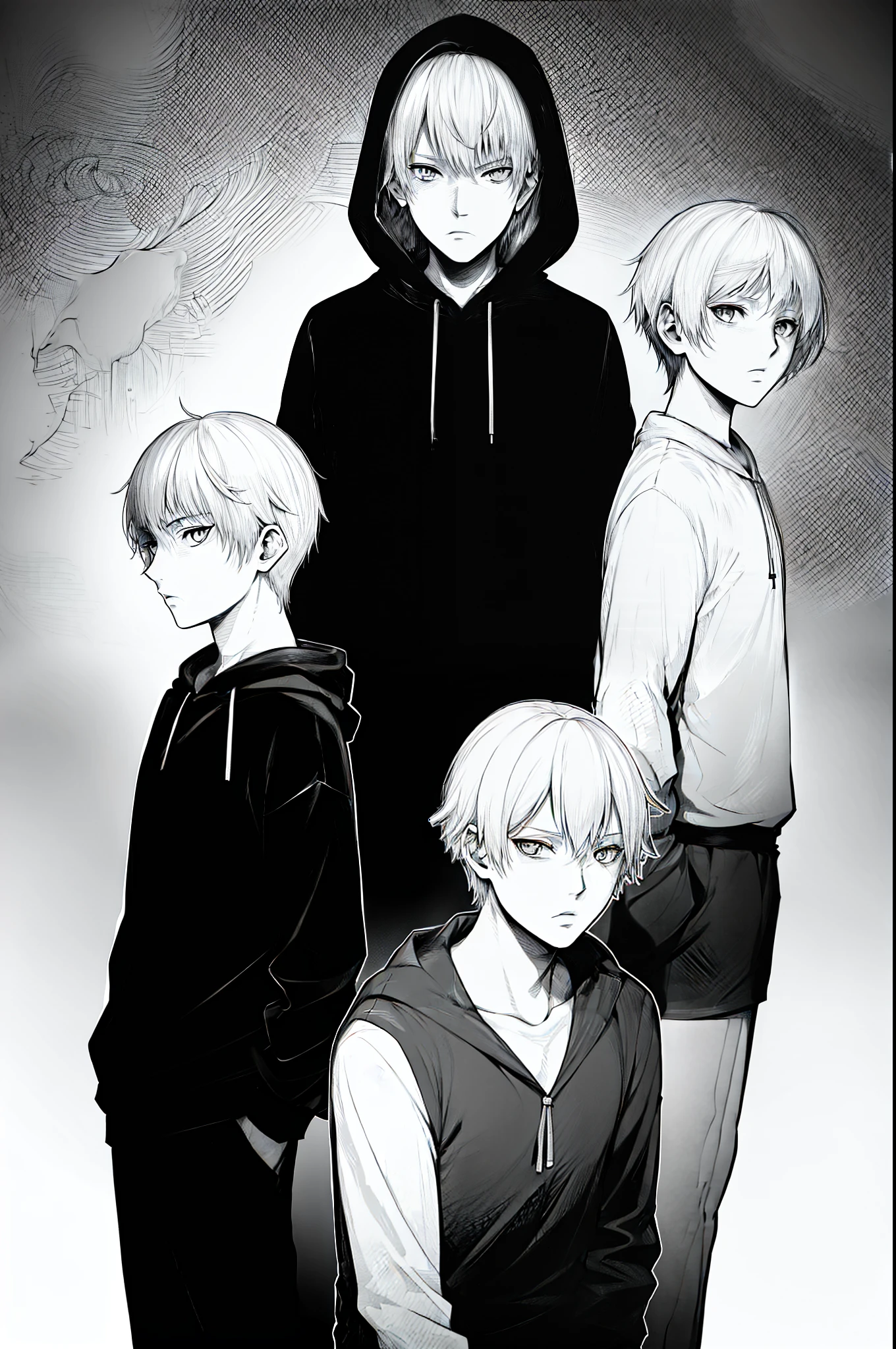 (Best quality, black and white manga style:1.2), Four male students stood in a row, The protagonist is in the middle, The protagonist wears a hooded sweatshirt(Delicate facial features),Keep hair short, The other three were also people with short hair but no facial features