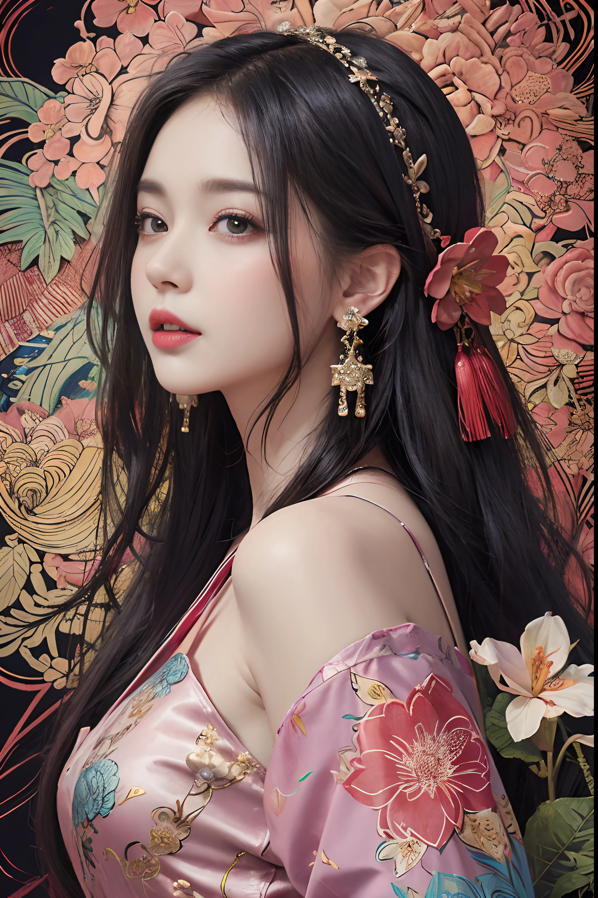 (masterpiece, top quality, best quality, official art, beautiful and aesthetic:1.2), (1girl:1.3), extremely detailed,(fractal art:1.1),(colorful:1.1)(flowers:1.3),highest detailed,(zentangle:1.2), (dynamic pose), (abstract background:1.3), (chinese Traditional cloth:1.2), (shiny skin), (many colors:1.4), ,(earrings:1.4),