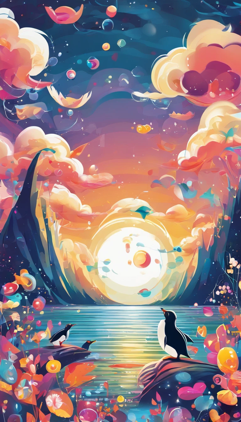 An inspiring scene in ultra-high definition 3D showcasing penguins making wishes on the shores of a tranquil lake. penguin, Beautifully rendered down to the smallest detail, Bubbles are seen gently blown into the air, Each has a wish of hope. Bubbles capturing the reflection of the setting sun, Dreamy creation, magical effect. The overall atmosphere is soft, Full of hope and tranquility