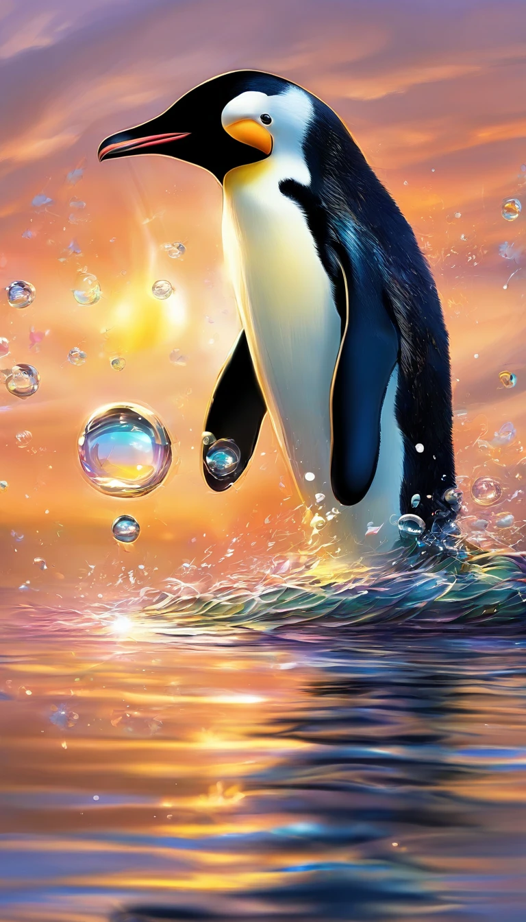 An inspiring scene in ultra-high definition 3D showcasing penguins making wishes on the shores of a tranquil lake. penguin， Beautifully rendered down to the smallest detail, Bubbles are seen gently blown into the air, Each has a wish of hope. Bubbles capturing the reflection of the setting sun, Dreamy creation, magical effect. The overall atmosphere is soft, Full of hope and tranquility