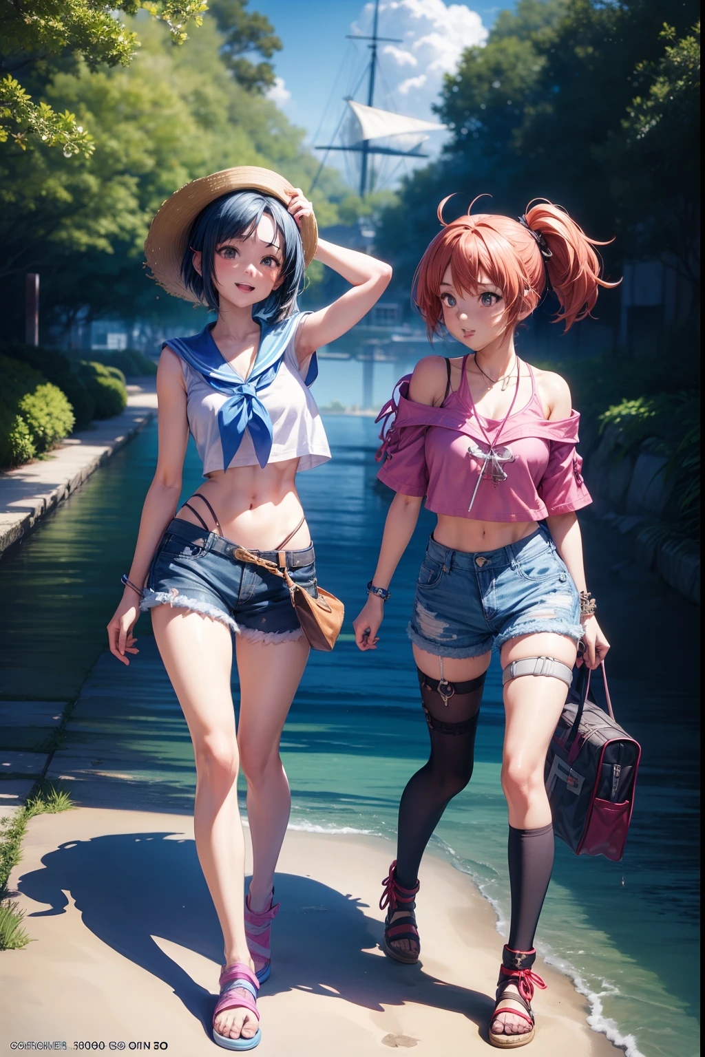 2girls, a pair of anime girls standing next to each other, digimon key art, render naughty dog, sailboats, anime 2019, physique: smallest abdomen ever seen, epic album cover, abyss, summer casual wear, gay rights, makoto, pirates, 90s aesthetic, color page, final fantasy, sailing, summer clear sky