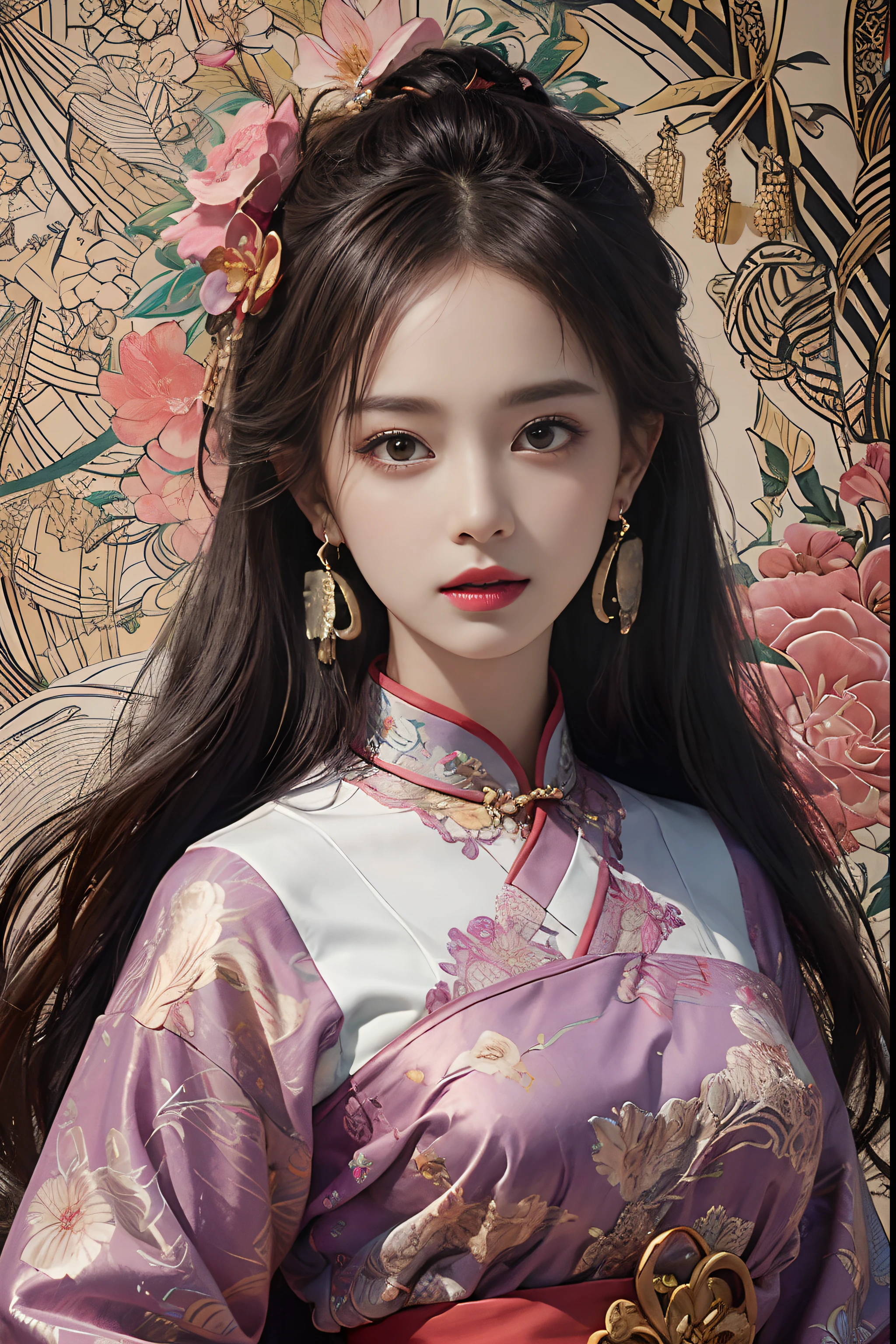 (masterpiece, top quality, best quality, official art, beautiful and aesthetic:1.2), (1girl:1.3), extremely detailed,(fractal art:1.1),(colorful:1.1)(flowers:1.3),highest detailed,(zentangle:1.2), (dynamic pose), (abstract background:1.3), (chinese Traditional cloth:1.2), (shiny skin), (many colors:1.4), ,(earrings:1.4),