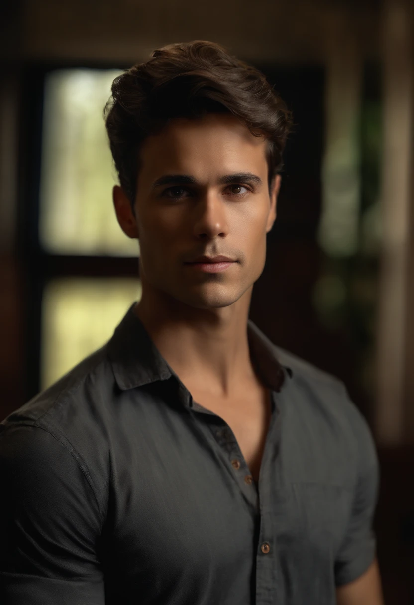 best quality, ultra high res, (photorealistic:1.4), masterpiece, blurry background,indoors,1boy,40 years old,standing ,(looking at viewer), black shirt,