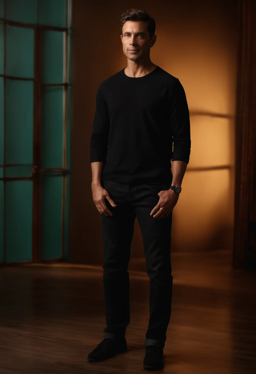 best quality, ultra high res, (photorealistic:1.4), masterpiece, blurry background,indoors,1boy,40 years old,standing ,(looking at viewer), black shirt,