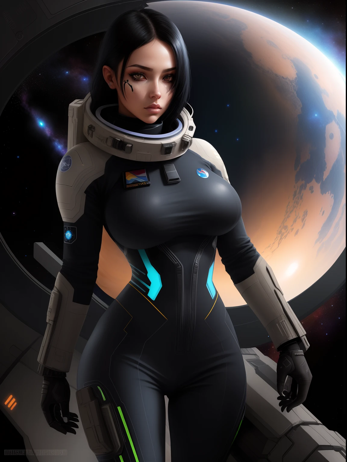 Sci-fi style, space, highly detailed, female soldier in a colorful galaxy suit, tight fit, large boobs, black hair, face tattoo, strict look, full bpdy