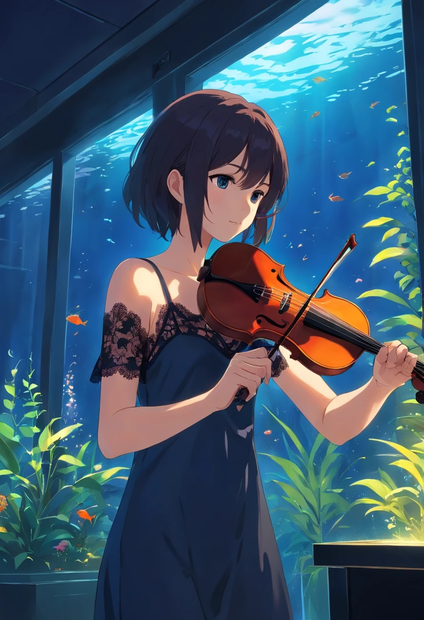 tmasterpiece,HighestQuali,Highest quality,HD stills,solo,(The upper part of the body:1.0),A woman who is,(Bigchest:1.05),Loose black lace dress trimmed,Playing the violin,In the aquarium,Deep sea background,(Very dark:1.3),Focus on the light