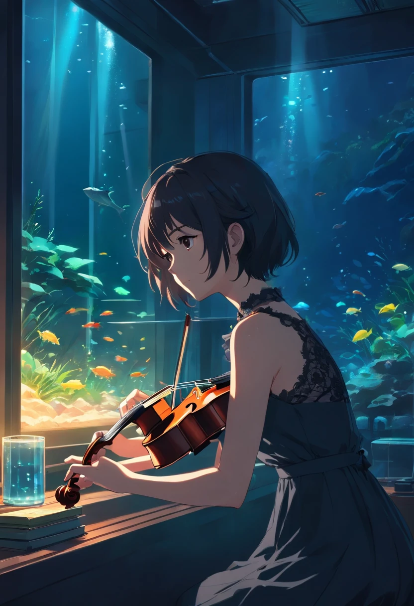 tmasterpiece，HighestQuali，Highest quality，HD stills，solo，(The upper part of the body:1.0)，A woman who is，(Bigchest:1.05)，Loose black lace dress trimmed，Playing the violin，In the aquarium，Deep sea background，(Very dark:1.3)，Focus on the light