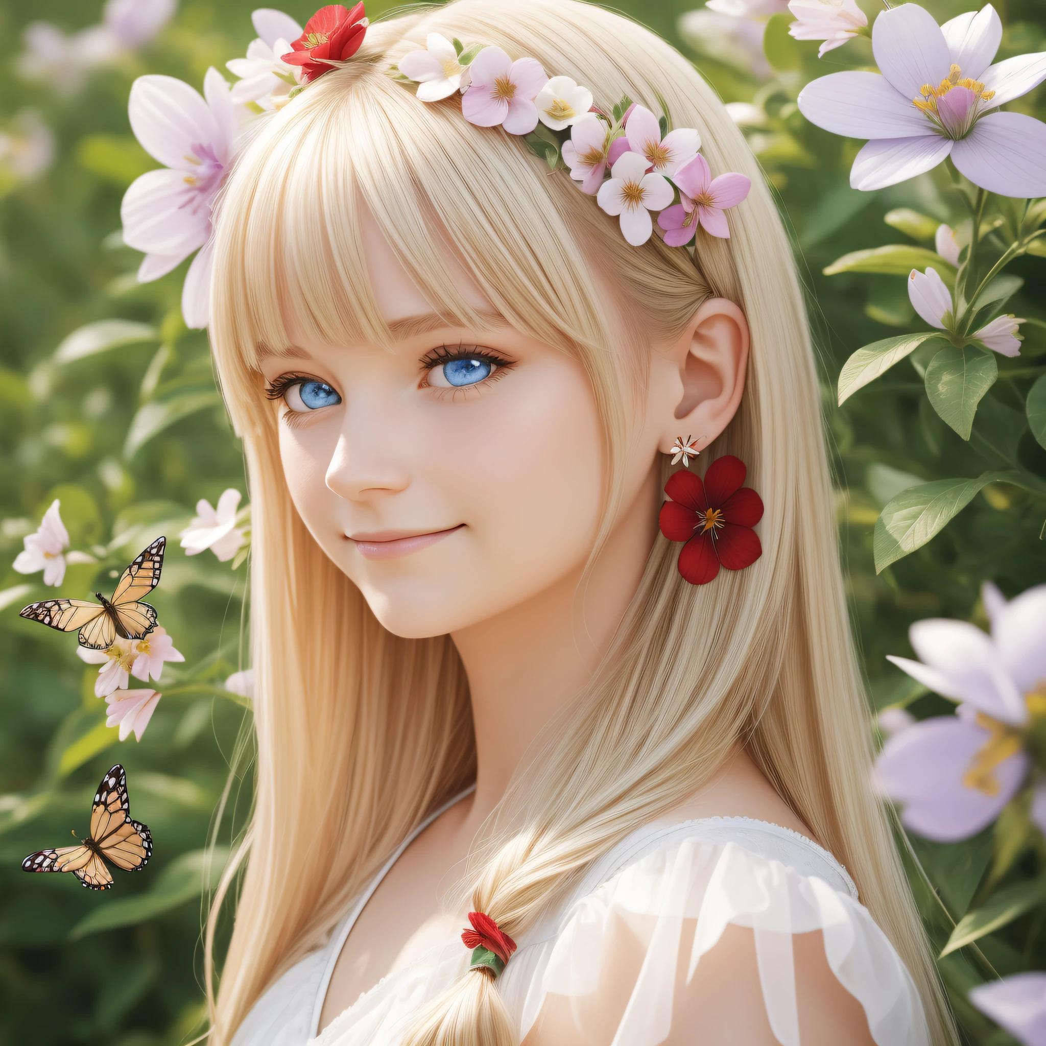 1girl, flower, butterfly, bug, smile, solo, earrings, long hair, jewelry, looking at viewer, blue eyes, blue butterfly, hair ornament, red flower, bangs, closed mouth, hair flower, blonde hair, blush, upper body, holding, petals, hair between eyes, white flower, animal