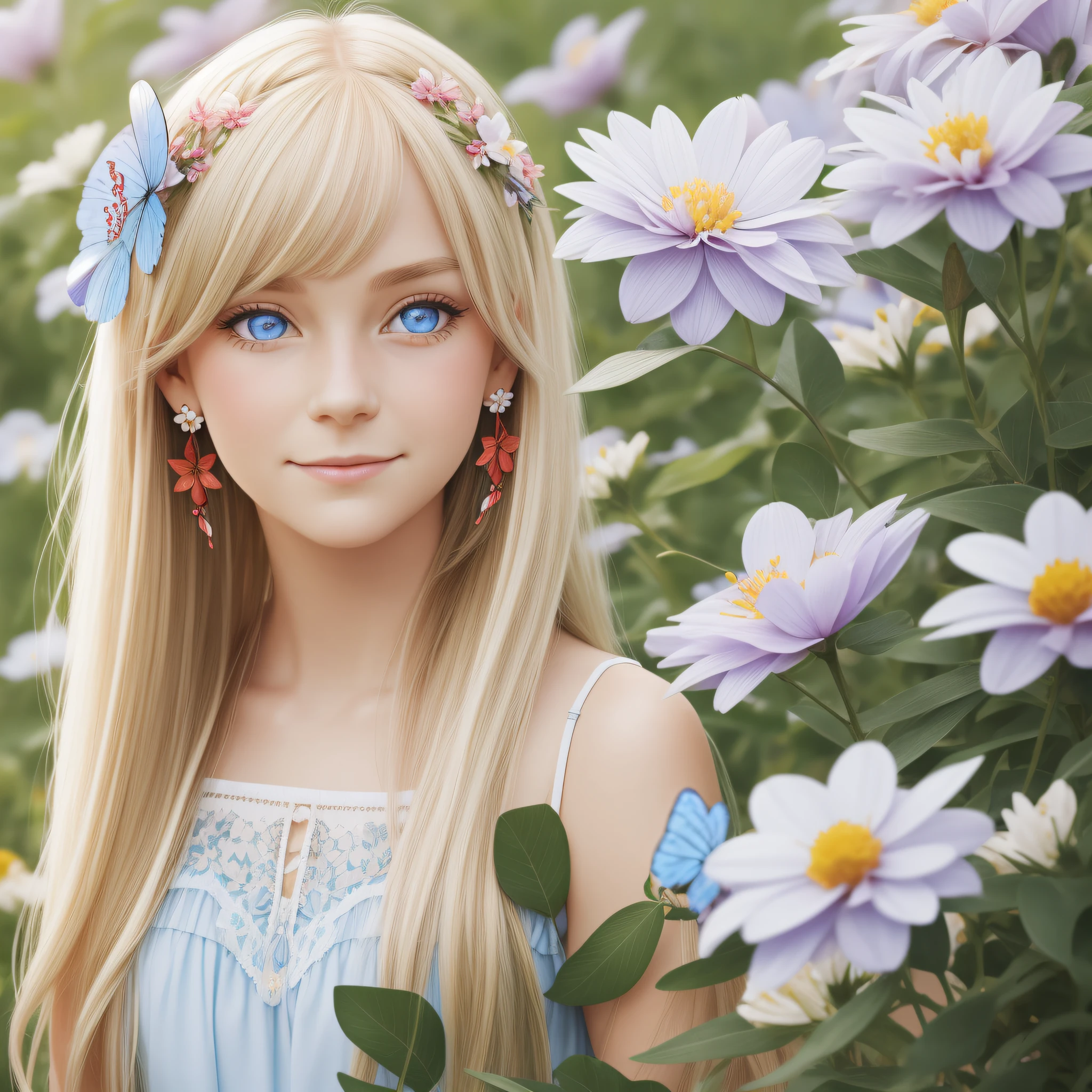 1girl, flower, butterfly, bug, smile, solo, earrings, long hair, jewelry, looking at viewer, blue eyes, blue butterfly, hair ornament, red flower, bangs, closed mouth, hair flower, blonde hair, blush, upper body, holding, petals, hair between eyes, white flower, animal