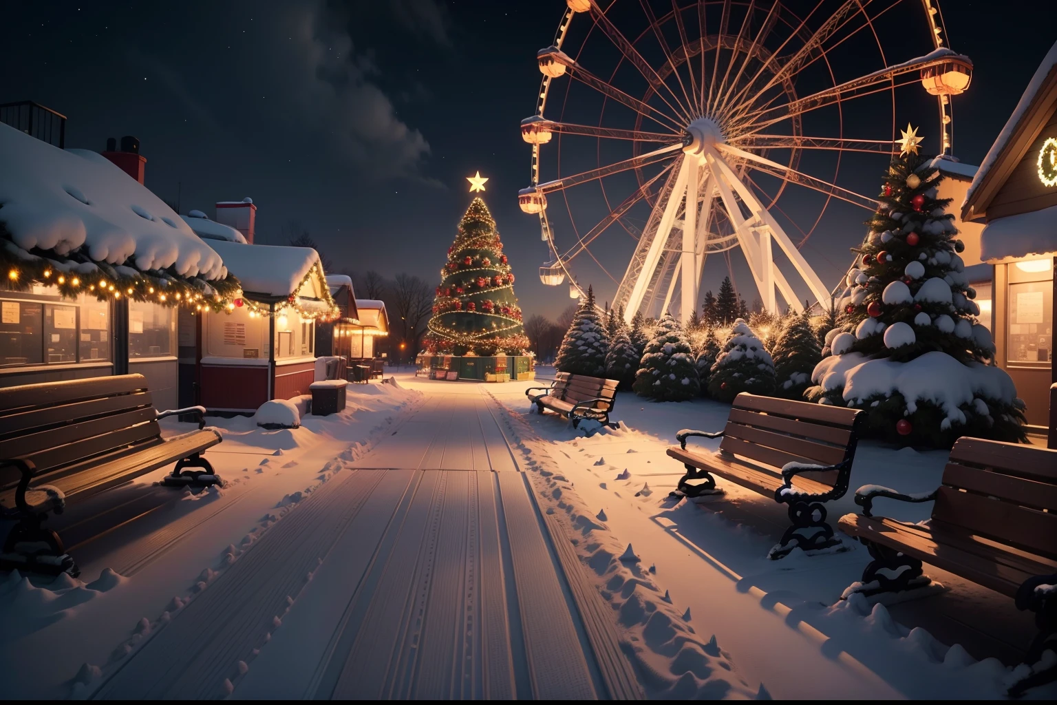 Christmas night，Ferris wheel in the distance，There are Christmas trees on either side of the park benches，snowfield，Christmas gifts all over the floor，rich details​，dream magical