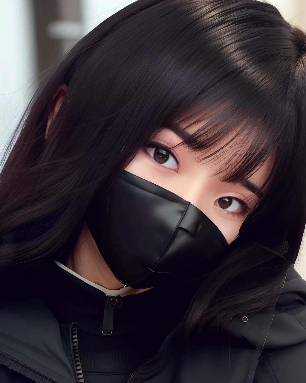 Alafed woman with mask and black jacket covering her face, chiho, wearing all black mempo mask, sakimichan, ulzzangs, 奈良美智, No face mask, shikamimi, e - girl, e-Girl, sakimichan, pokimane,