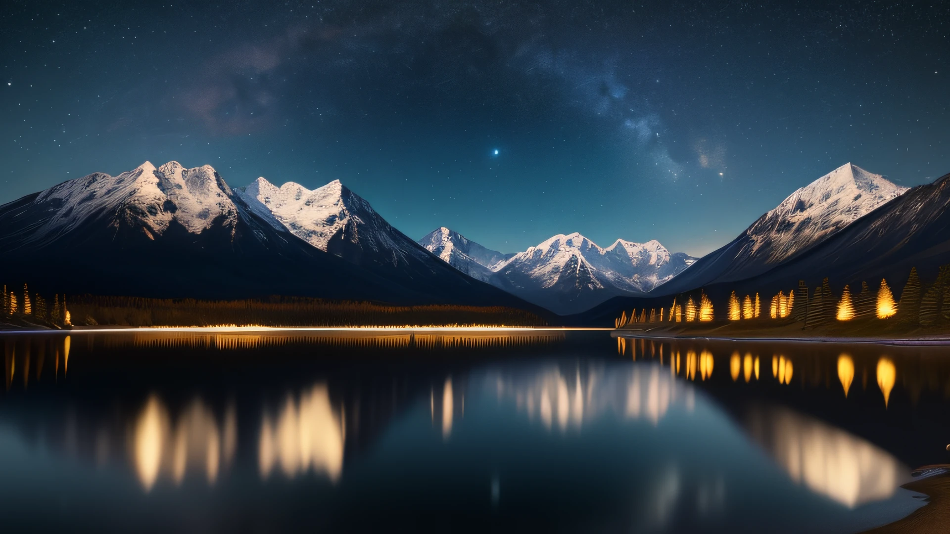 Very starry night. A giant moon behind the mountains. A tranquil lake reflecting the night. Realistic scene, detailed, photorealism, 8k