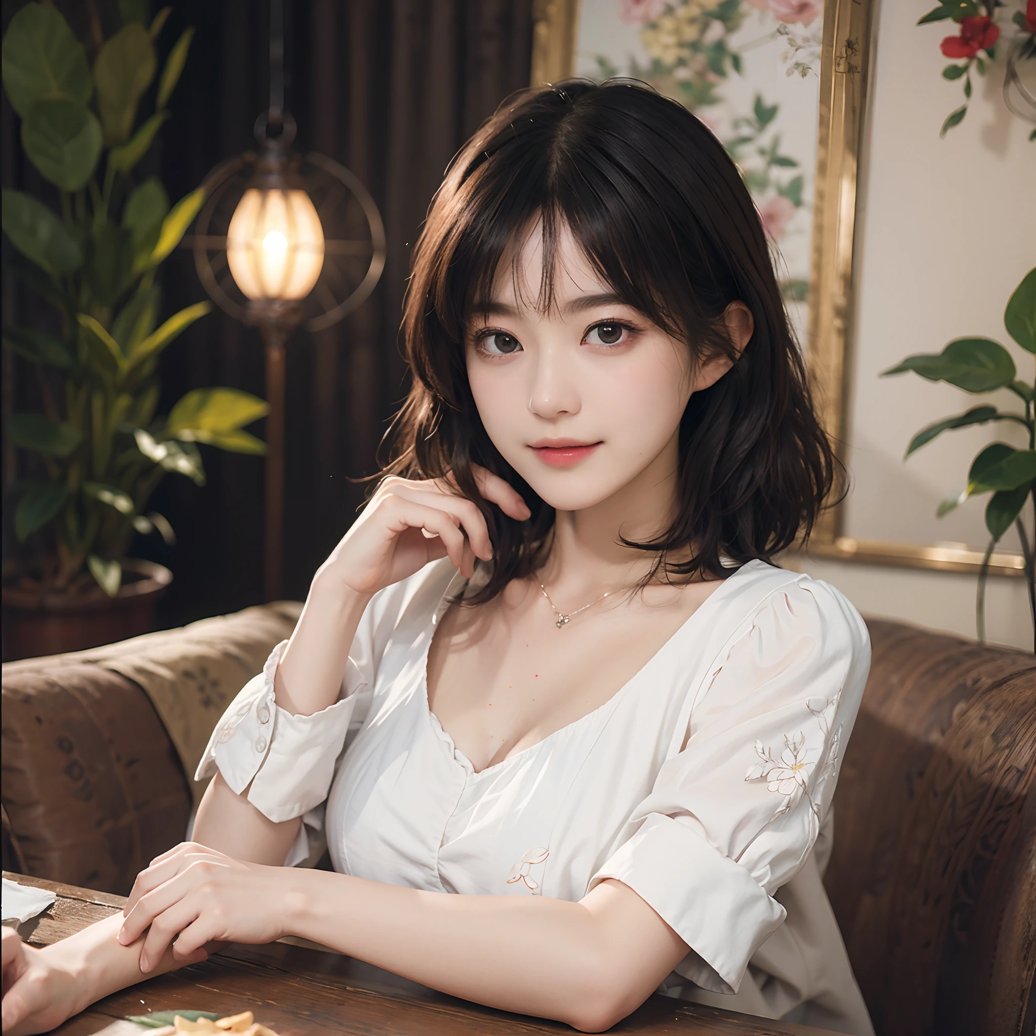 (RAW Photography、top-quality)、(realisitic、Photorealsitic:1.3)、top-quality、high-detail、​masterpiece、ultra-detailliert、illustratio、1girl、(((Beautiful skin)))、whole body、dynamic ungle、world masterpiece theater、((very-short-hair))、top-quality、the Extremely Detailed CG Unity 8K Wallpapers、inky、magnifica、电影灯光、lens_flare、dunhuang_style、(nice breasts)、Oil paintings by Rubens、Light and Darkness、Contrasty、with floral pattern、A slight smil