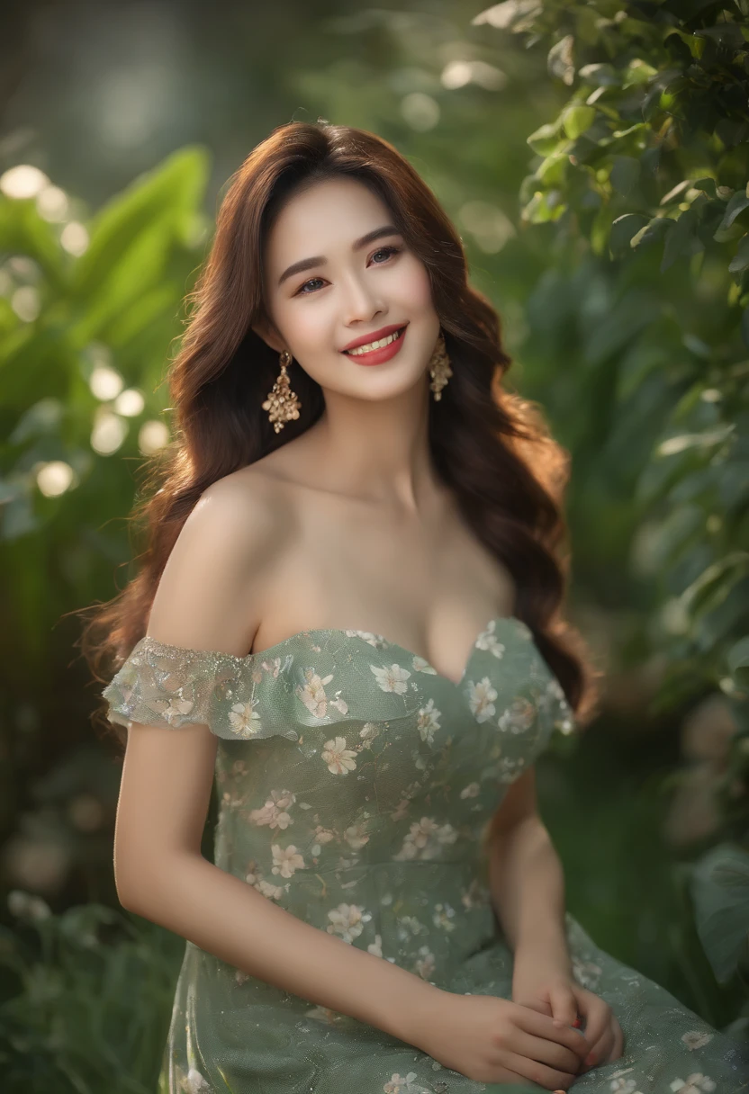 (best quality,4k,8k,highres,masterpiece:1.2),ultra-detailed,(realistic,photorealistic,photo-realistic:1.37),beautiful Vietnamese lady,smiling face,detailed eyes and lips,silky long hair,graceful posture,soft skin,expressive eyes,gorgeous smile,short floral dress,feminine curves,accentuated bosom and thighs,lying gracefully on lush green grass,sparkling sunlight illuminating her delicate features,natural and vibrant colors,subtle shadows highlighting her contours,fresh and serene outdoor atmosphere,portraits,bokeh lighting,vibrant color palette