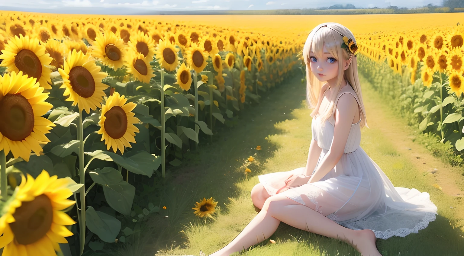 Young girl , blonde hair,beautiful shining eyes ,full body, sunflower field,blue sky,