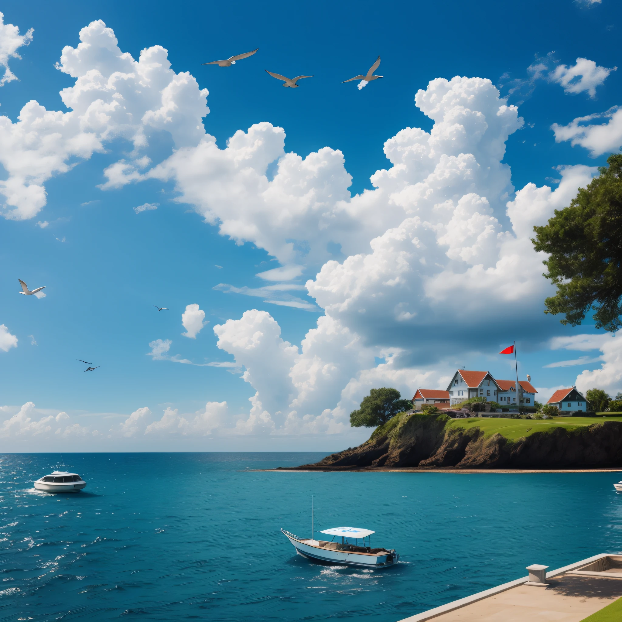 cloud, scenery, outdoors, water, sky, day, tree, building, bird, house, ocean, stairs, blue sky, no humans, fantasy, watercraft, boat, flag