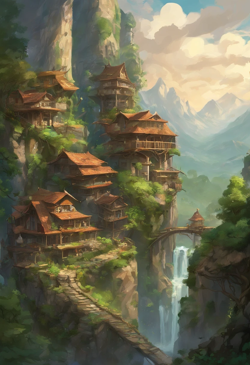 Nestled gracefully within the craggy embrace of towering, verdant mountains, this ethereal elven village stands as a testament to the harmonious union between elven craftsmanship and the natural world. Perched against the steep, emerald-clad terrain, its homes and pathways are a masterful blend of elven artistry and the sturdiness of stone and marble. Elaborate, spiral staircases of finely polished marble connect the dwellings, while slender bridges of intricately carved stone span glistening streams and cascading waterfalls, linking the tiers of this sylvan settlement.
The villagers' homes are sculpted from the very mountains themselves, their walls crafted from sturdy stone adorned with delicate marble reliefs depicting scenes of nature's beauty. Towering columns of gleaming marble support intricately carved wooden balconies, where residents gather to commune with the breathtaking vistas of soaring peaks and serene valleys. Wisps of vine and ivy, carefully cultivated, trace their way up the stone walls, lending a touch of nature's grace to the stately structures.
Beyond the mountains' embrace, a dense forest of ancient oak and silver-leafed aspen extends its verdant fingers toward the village. Here, the elven inhabitants find solace and sustenance, gathering herbs, forage, and the finest timbers for their graceful craftsmanship. The air is a tapestry of woodland scents, infused with the fragrant embrace of blooming wildflowers and the songs of countless birds.
In this elven haven, where stone and marble stand as both testament to their artistry and a symbol of enduring strength, the villagers exemplify the spirit of the woods they call home—resilient and resourceful, deeply connected to both the formidable mountains and the enchanting forest that cradles their timeless community.