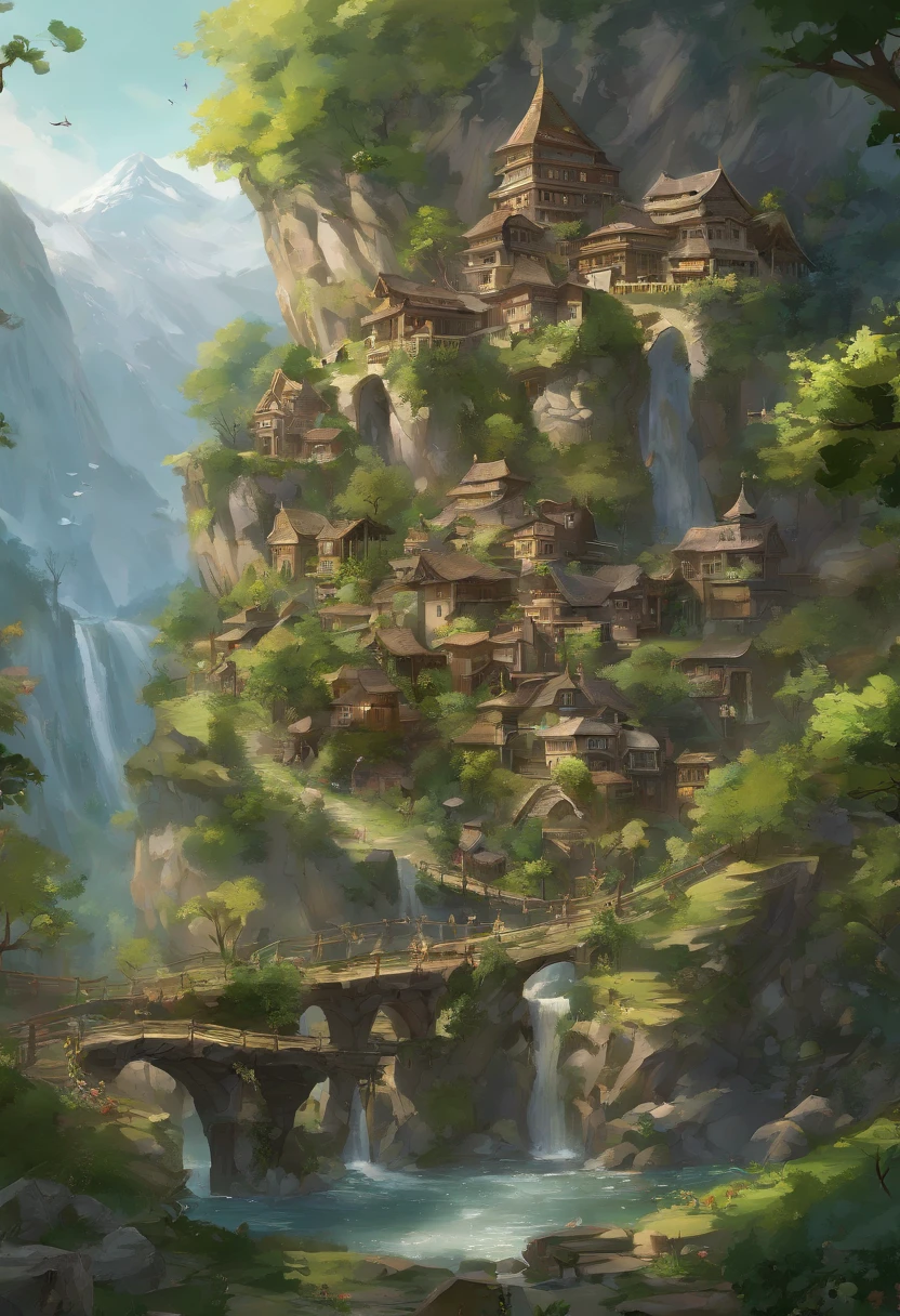 Nestled gracefully within the craggy embrace of towering, verdant mountains, this ethereal elven village stands as a testament to the harmonious union between elven craftsmanship and the natural world. Perched against the steep, emerald-clad terrain, its homes and pathways are a masterful blend of elven artistry and the sturdiness of stone and marble. Elaborate, spiral staircases of finely polished marble connect the dwellings, while slender bridges of intricately carved stone span glistening streams and cascading waterfalls, linking the tiers of this sylvan settlement.
The villagers' homes are sculpted from the very mountains themselves, their walls crafted from sturdy stone adorned with delicate marble reliefs depicting scenes of nature's beauty. Towering columns of gleaming marble support intricately carved wooden balconies, where residents gather to commune with the breathtaking vistas of soaring peaks and serene valleys. Wisps of vine and ivy, carefully cultivated, trace their way up the stone walls, lending a touch of nature's grace to the stately structures.
Beyond the mountains' embrace, a dense forest of ancient oak and silver-leafed aspen extends its verdant fingers toward the village. Here, the elven inhabitants find solace and sustenance, gathering herbs, forage, and the finest timbers for their graceful craftsmanship. The air is a tapestry of woodland scents, infused with the fragrant embrace of blooming wildflowers and the songs of countless birds.
In this elven haven, where stone and marble stand as both testament to their artistry and a symbol of enduring strength, the villagers exemplify the spirit of the woods they call home—resilient and resourceful, deeply connected to both the formidable mountains and the enchanting forest that cradles their timeless community.