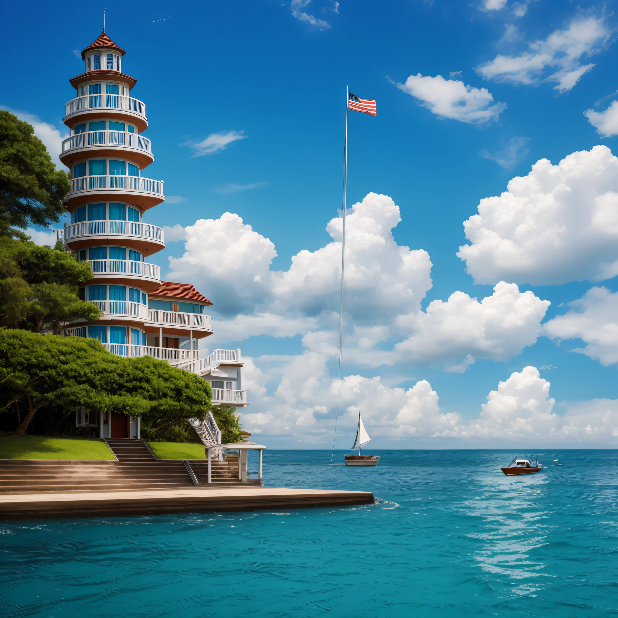 cloud, scenery, outdoors, water, sky, day, tree, building, bird, house, ocean, stairs, blue sky, no humans, fantasy, watercraft, boat, flag